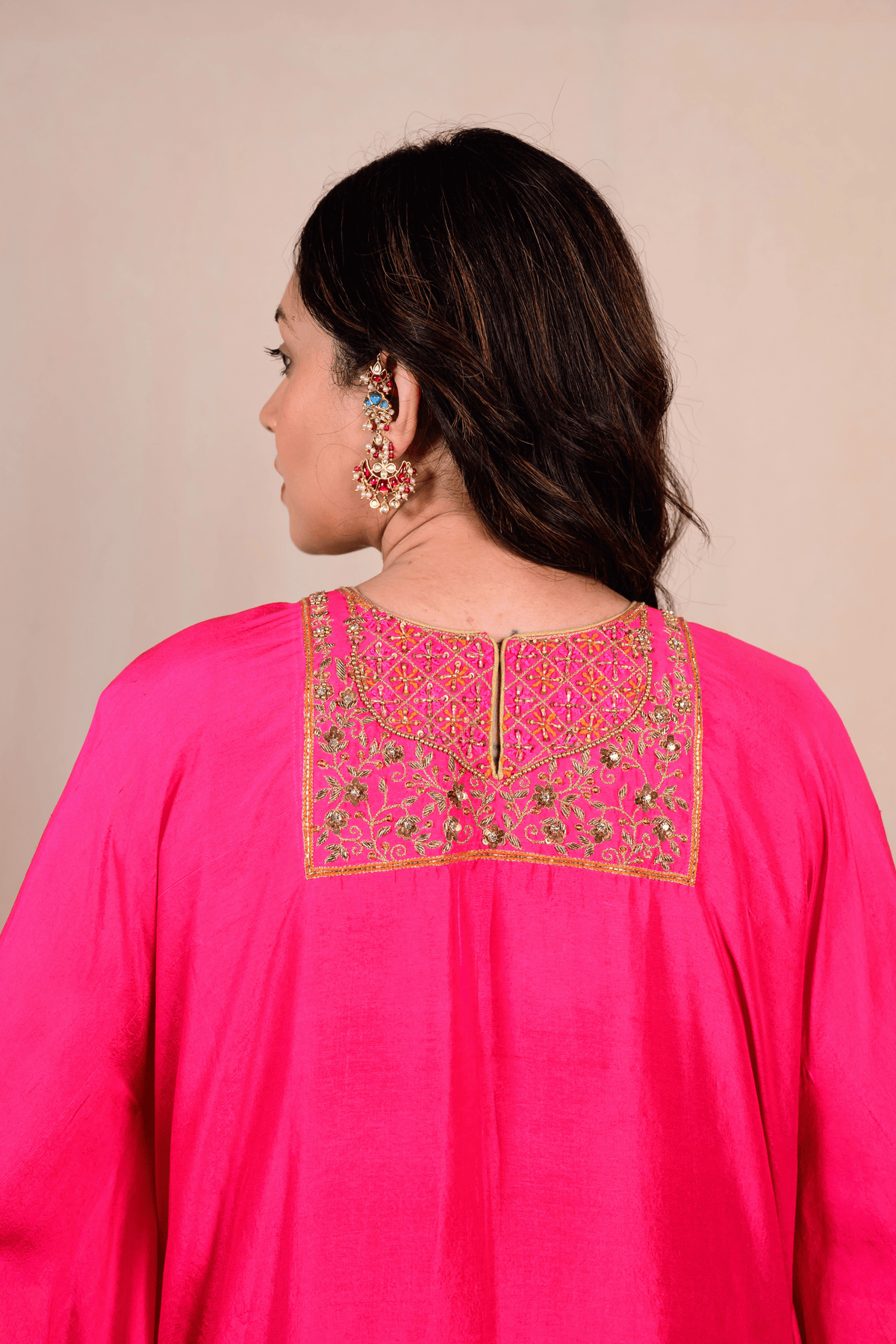 Bright Pink Dupion Silk Zardozi Kaftan