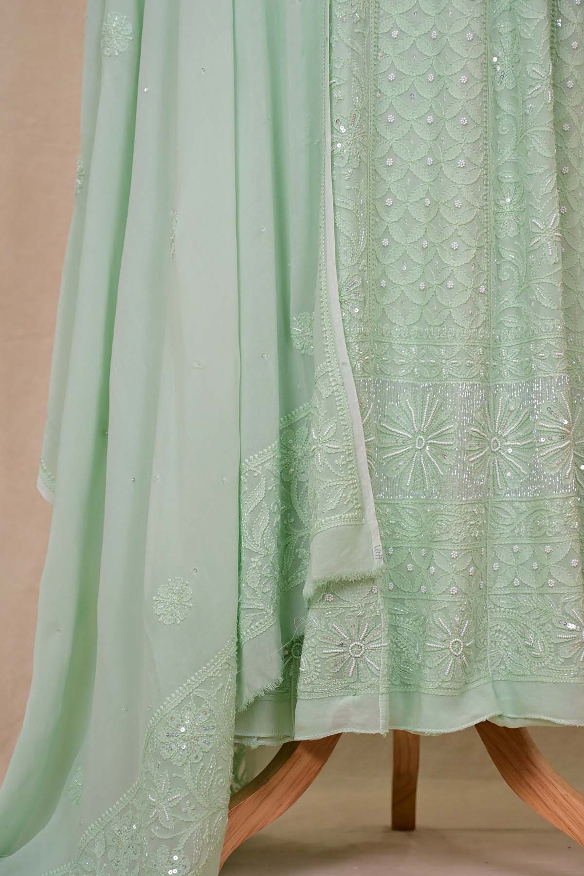 Light Sea Green Viscose Georgette Chikankari Anarkali