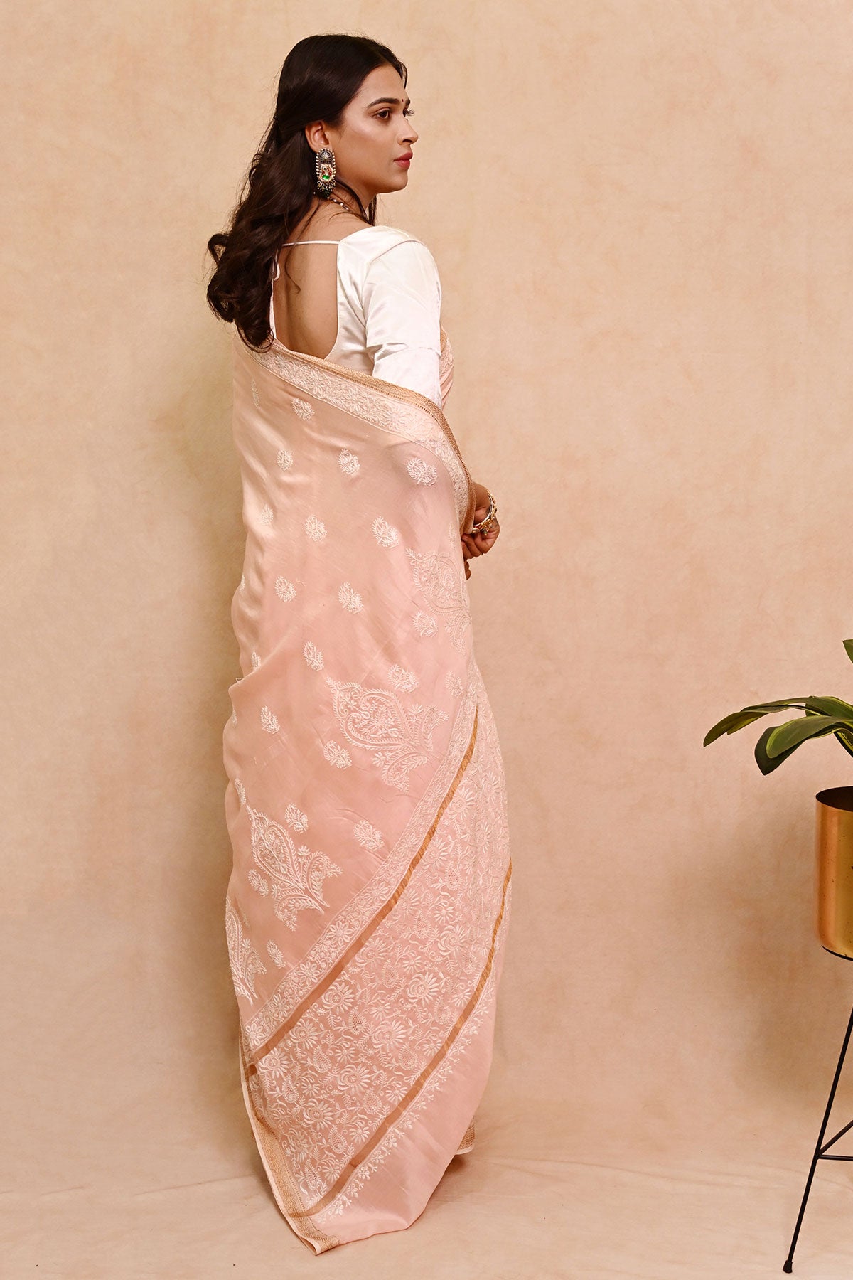 Light Peach Chanderi Chikankari Saree with Zari Border