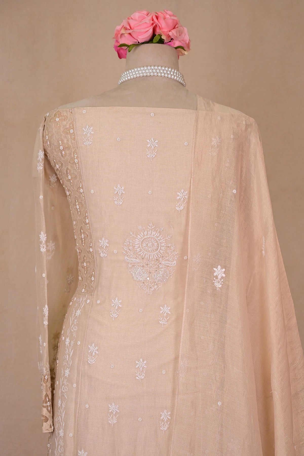 Beige Tissue Chanderi Chikankari Anarkali