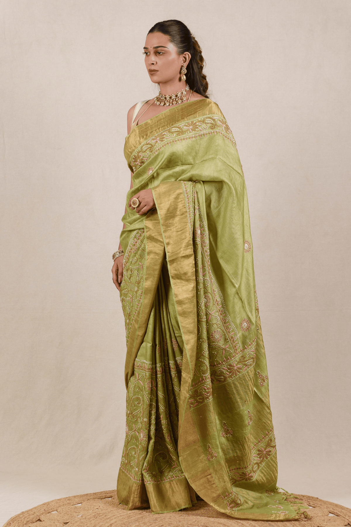 Grass Green Moonga Tussar Chikankari Saree