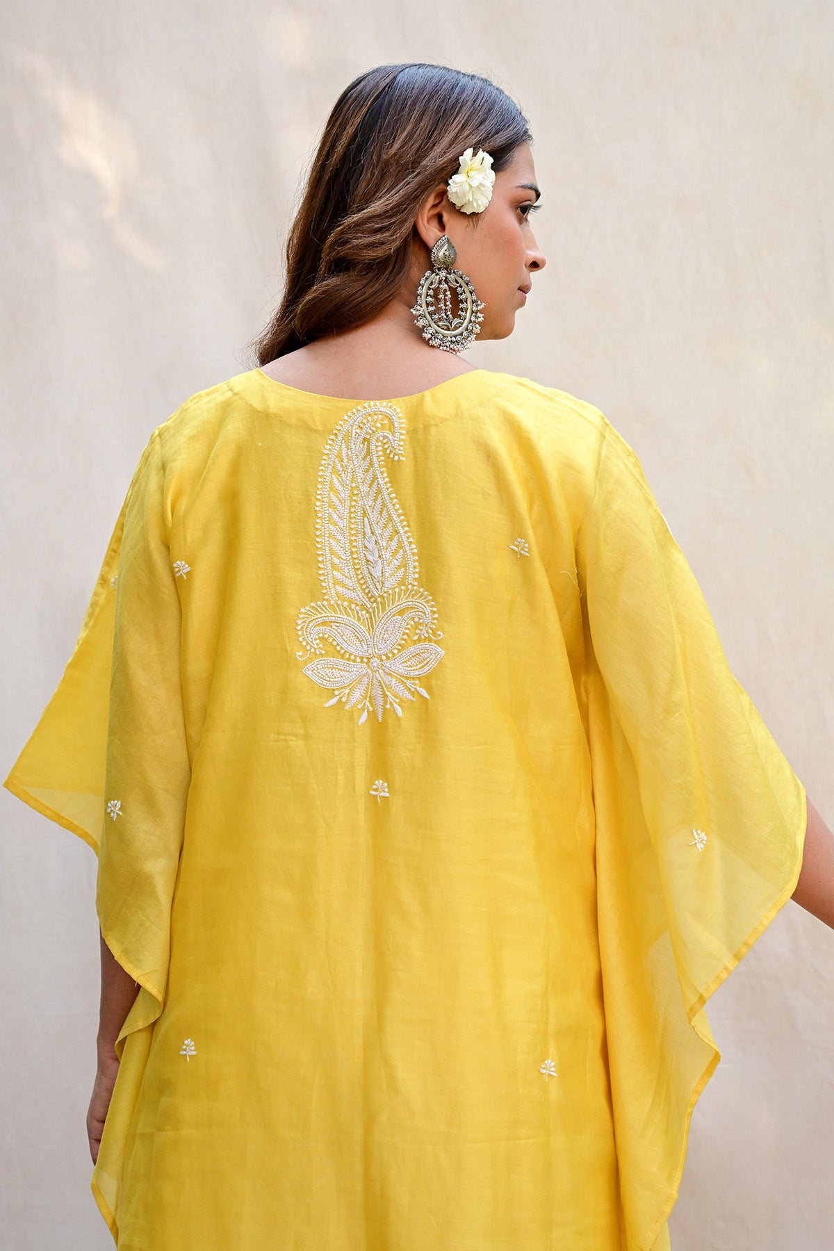 Lemon Yellow Chanderi Chikankari Kaftan