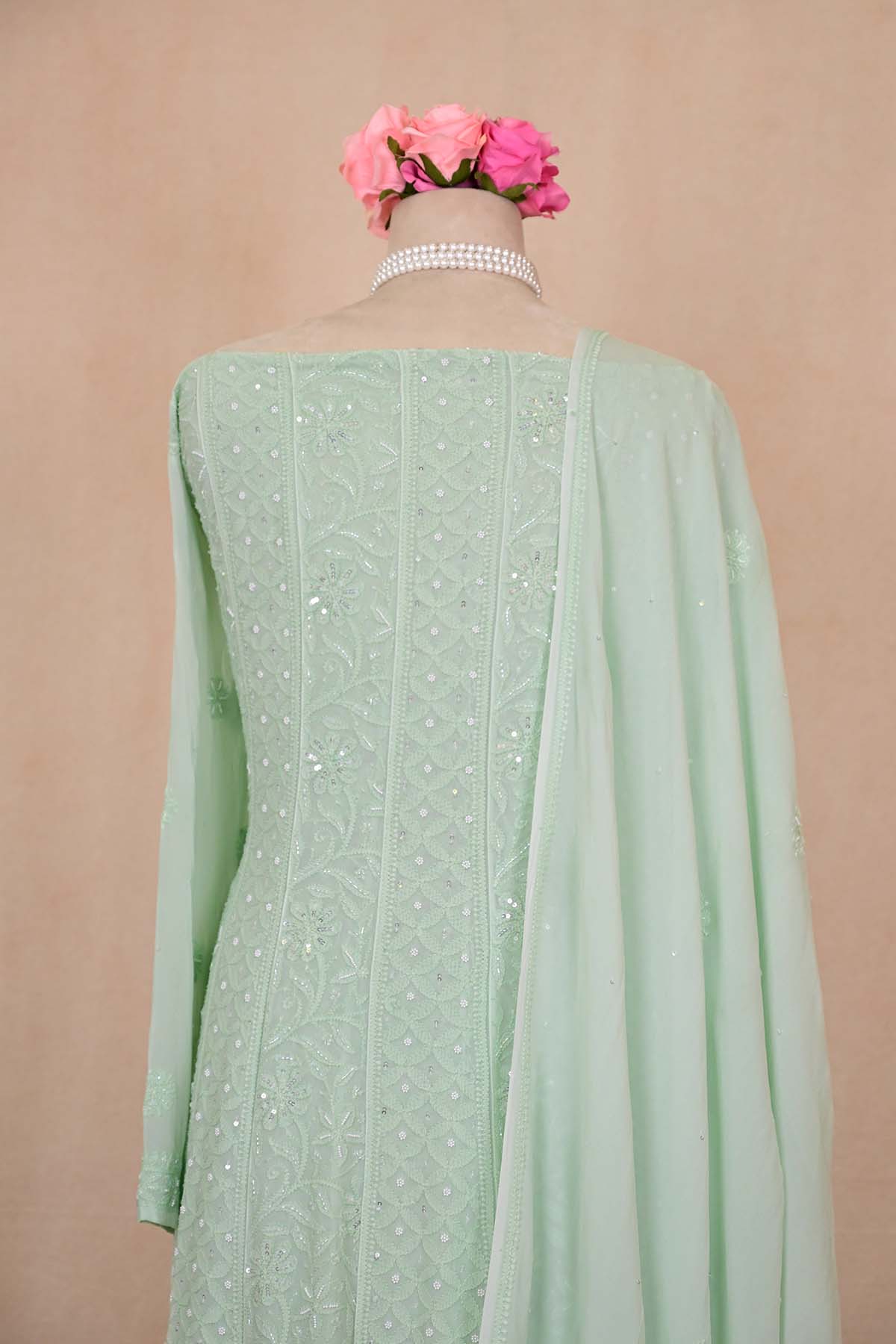Light Sea Green Viscose Georgette Chikankari Anarkali