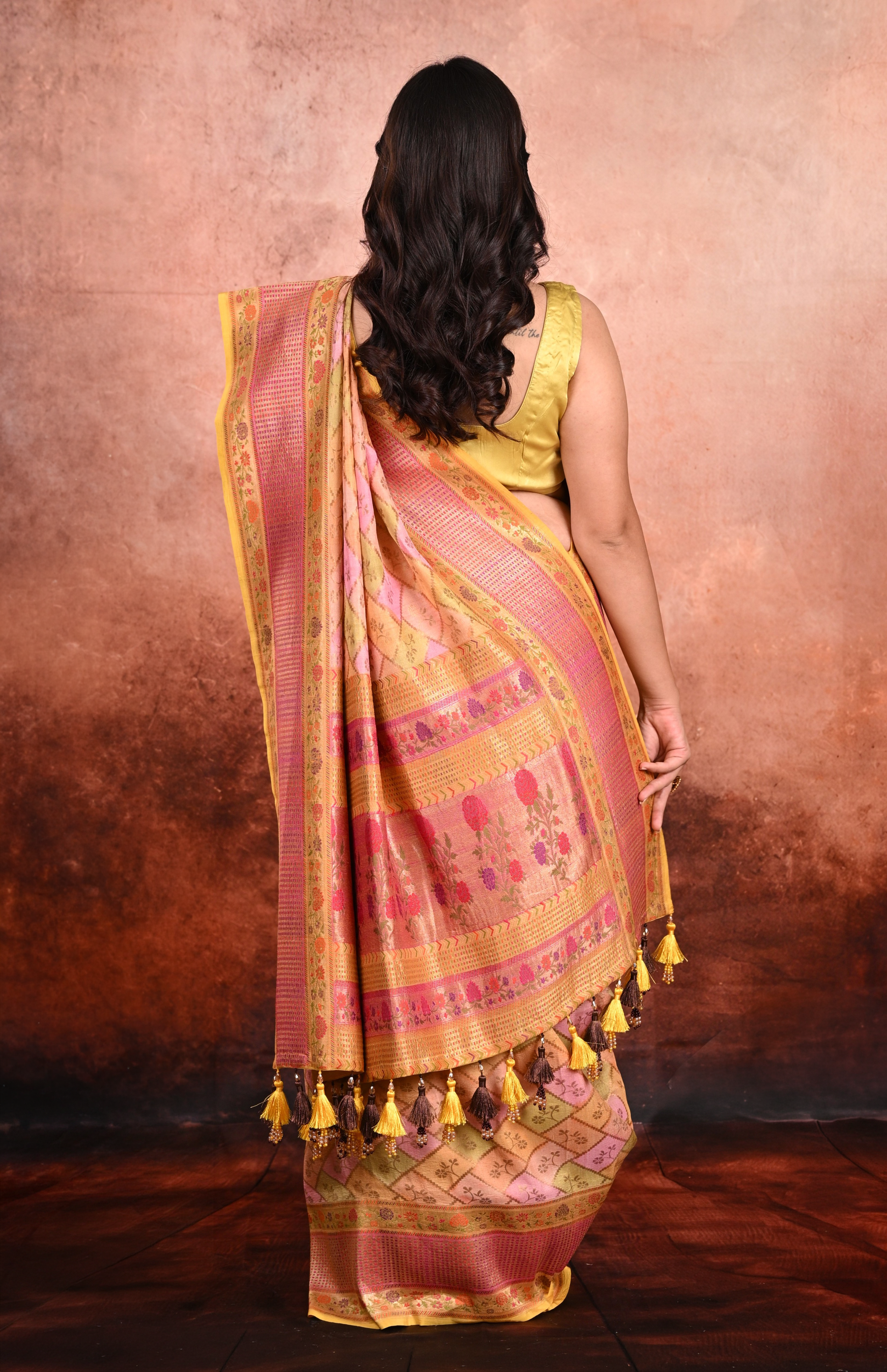 Yellow Tussar Georgette Banarasi Saree