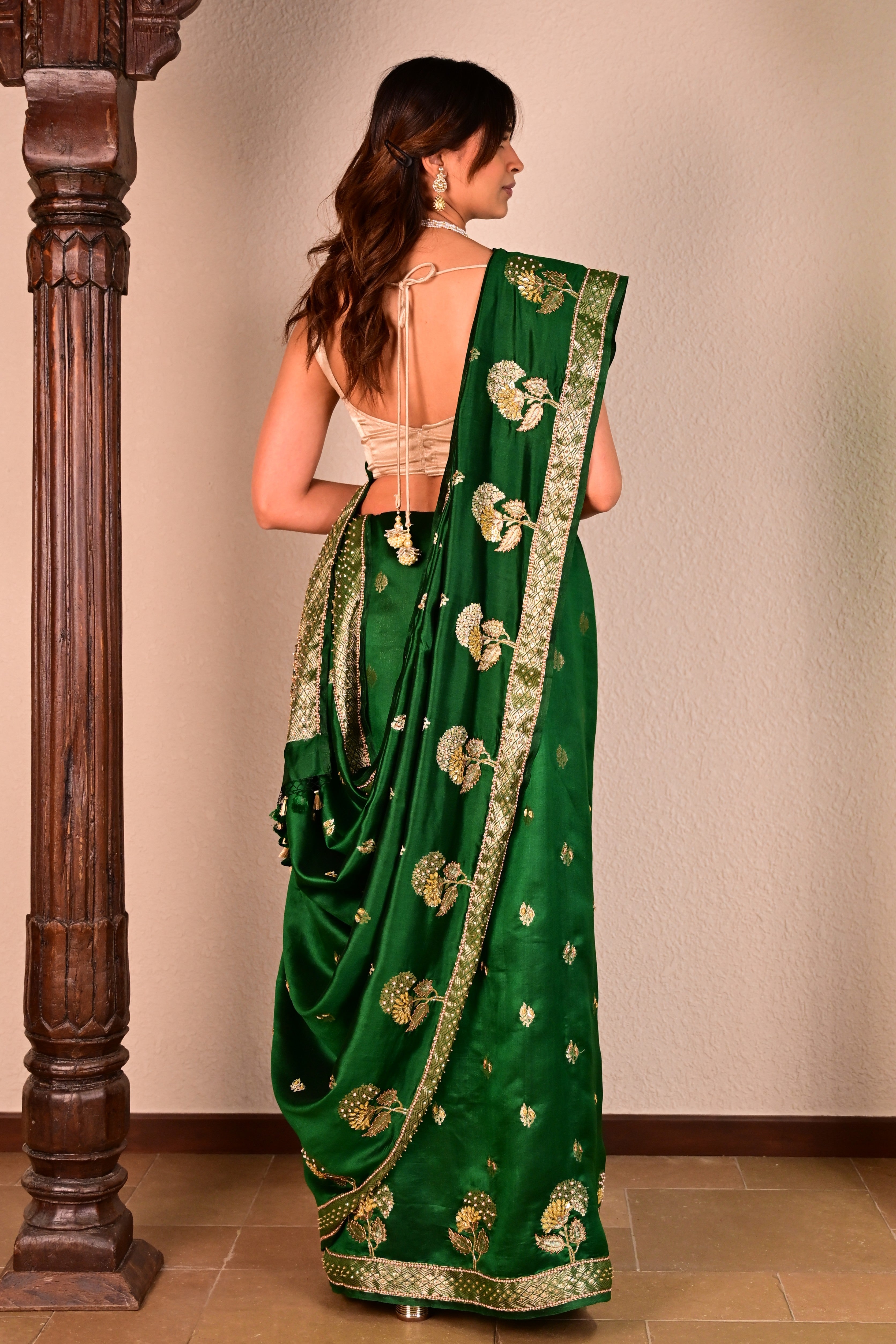 Emerald Green Katan Silk Handcrafted Saree