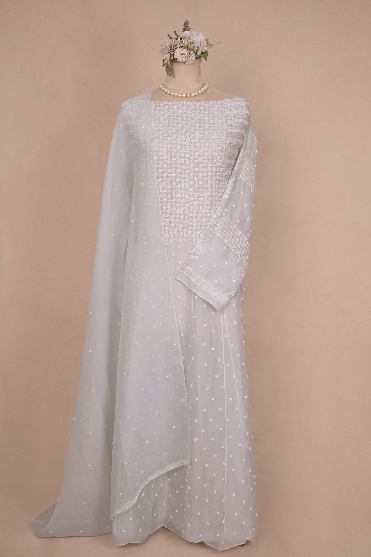 Ice Blue Organza Chikankari Anarkali
