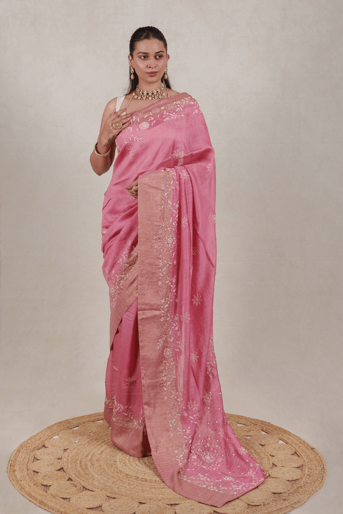 Rose Pink Moonga Chikankari Saree