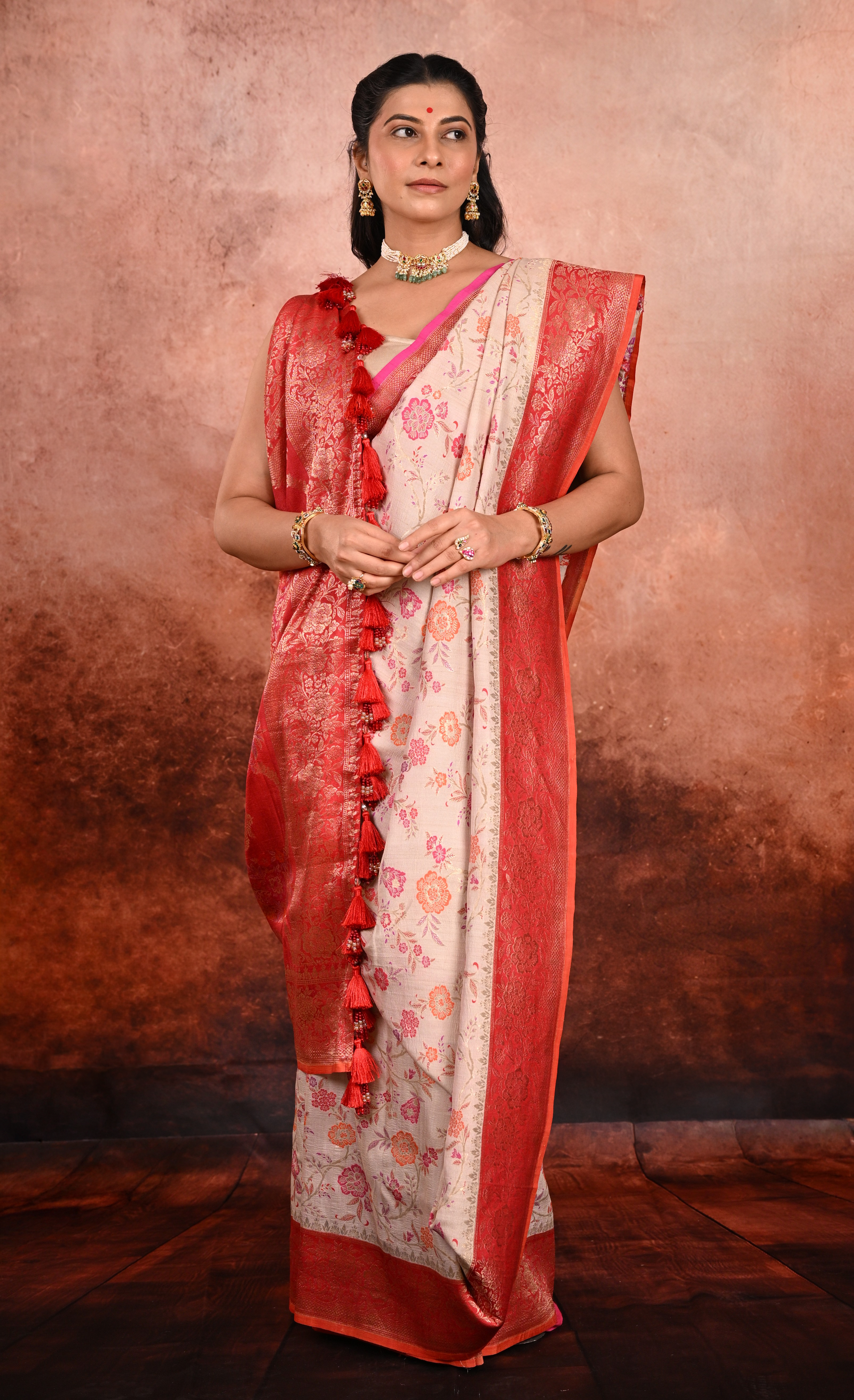 Warm Ivory Tussar Gerogette Banarasi Saree