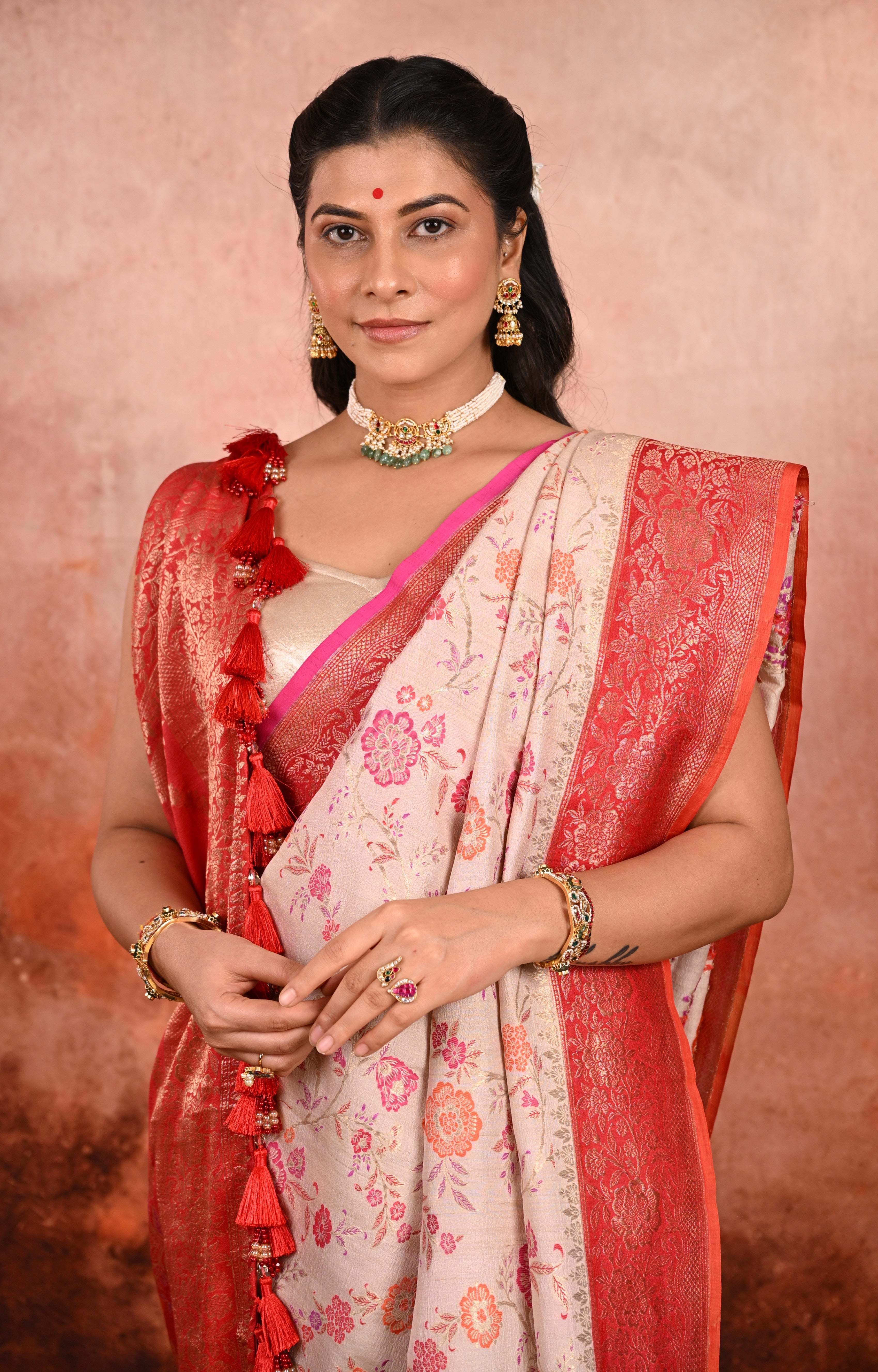 Warm Ivory Tussar Gerogette Banarasi Saree