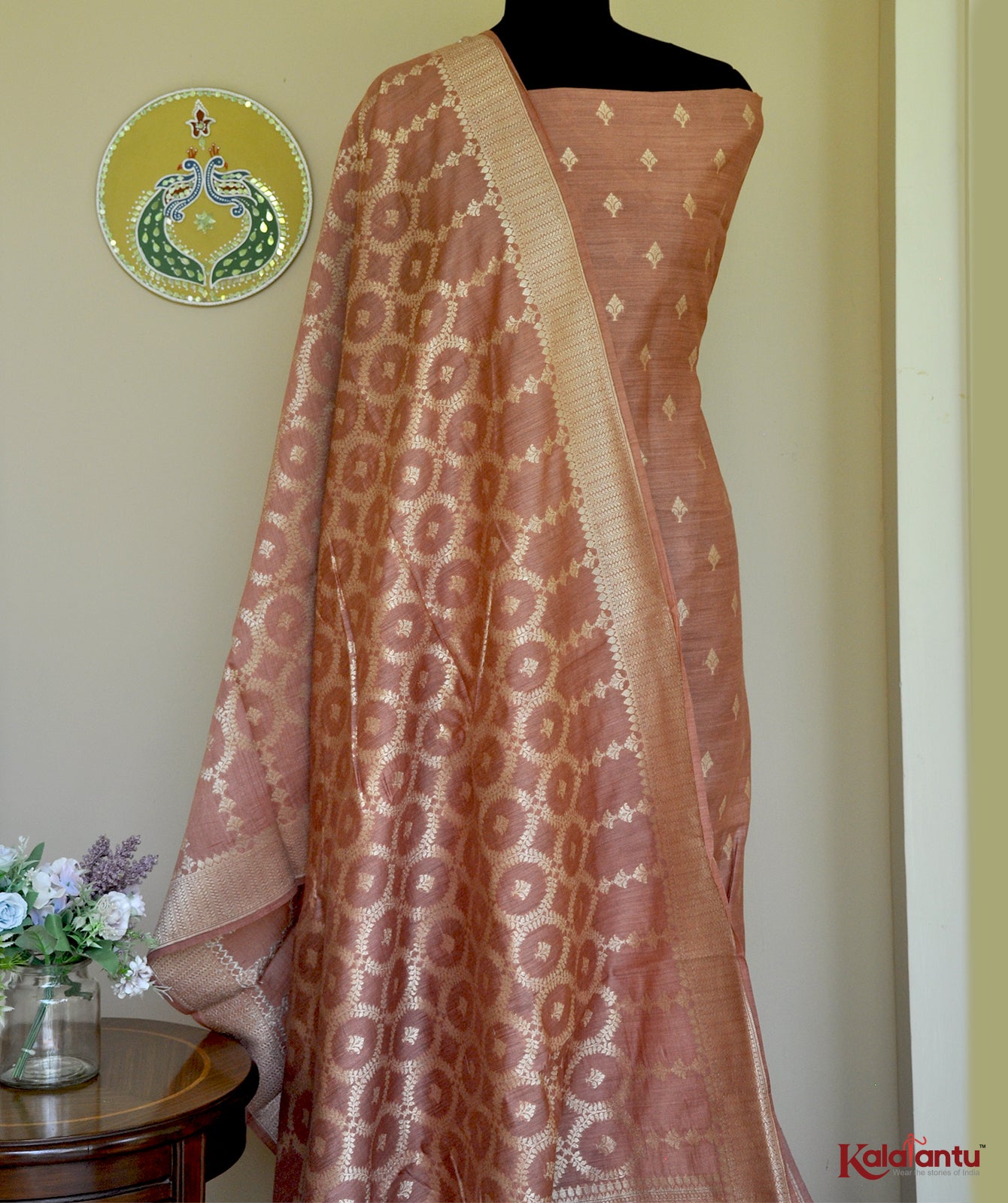Soft brown Moonga Silk Suit Set with Cutwork & Intricate Metallic Motifs