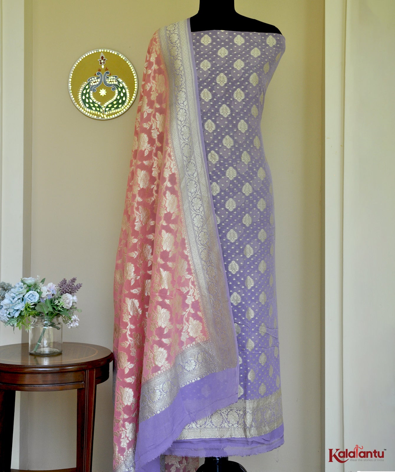 Bright Purple  Banarasi Georgette Suit Set with Cutwork & Intricate Metallic Motifs