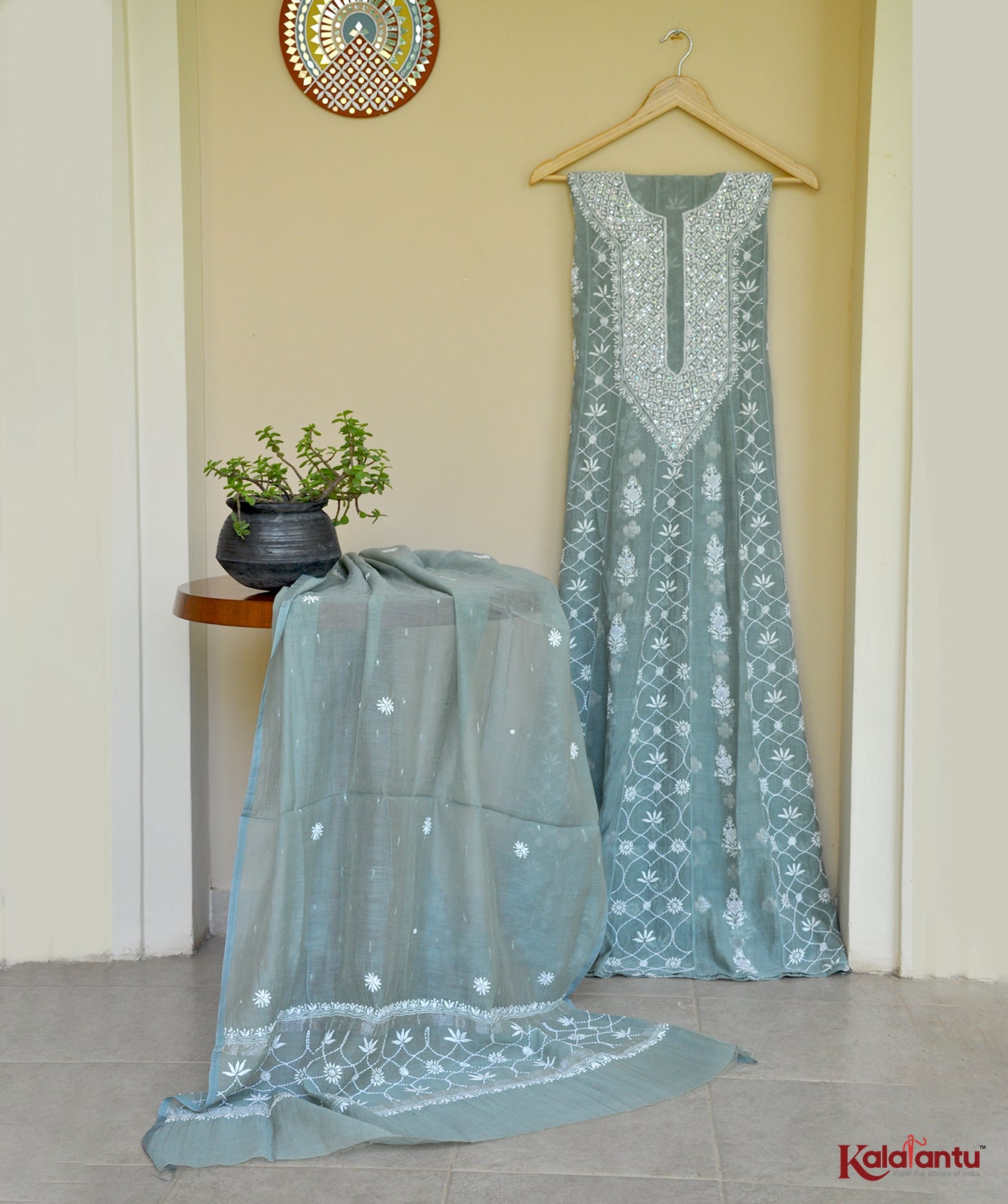 Sea Green soft Chanderi Chikankari Anarkali