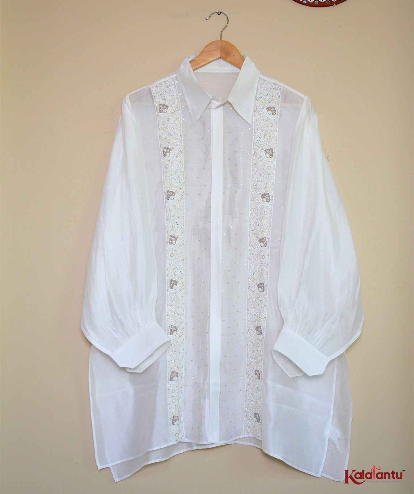 Off White Silver Zari Tissue Chanderi Semi Stitched Shirt