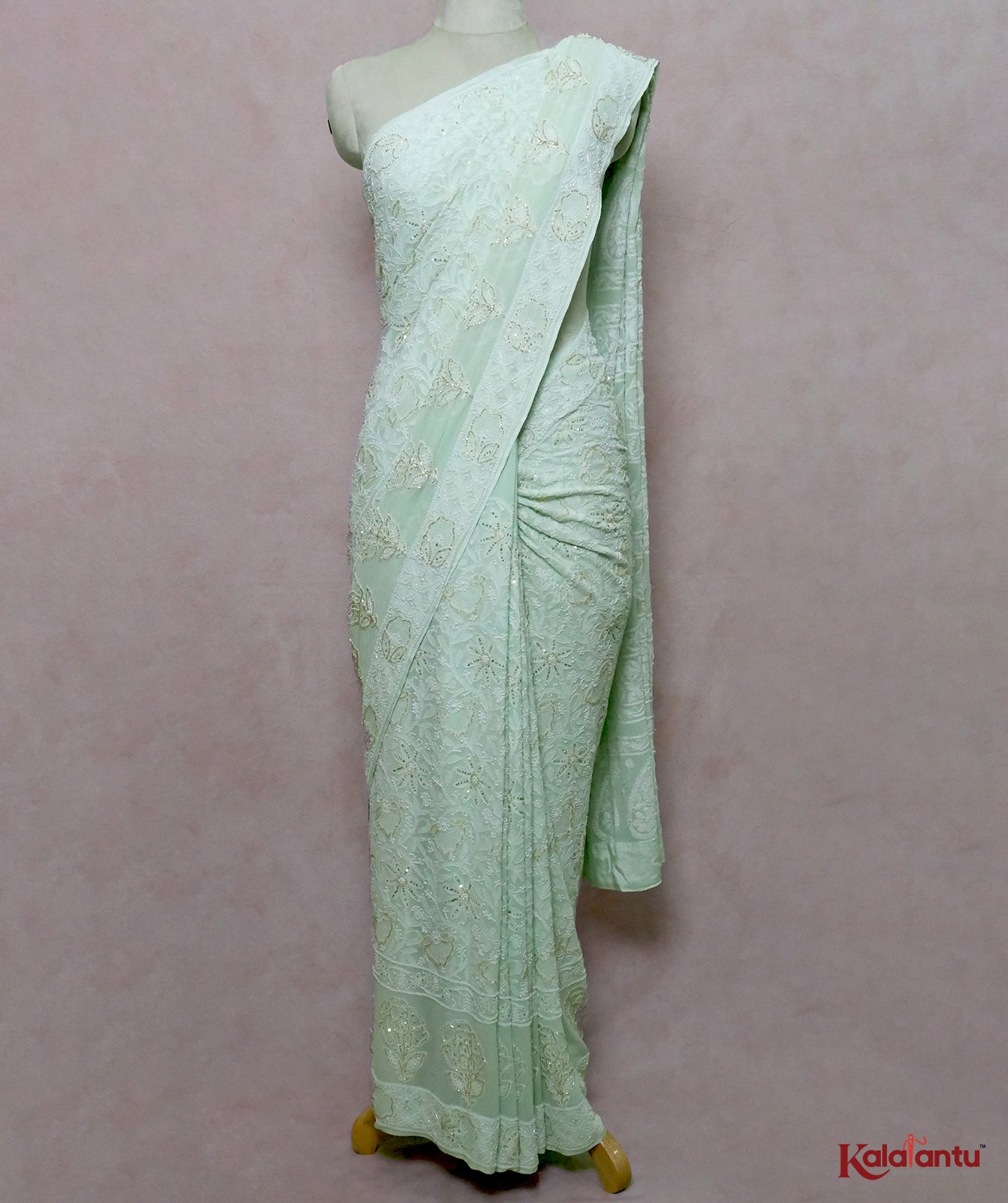 Turquoise Green Georgette Chikankari Saree