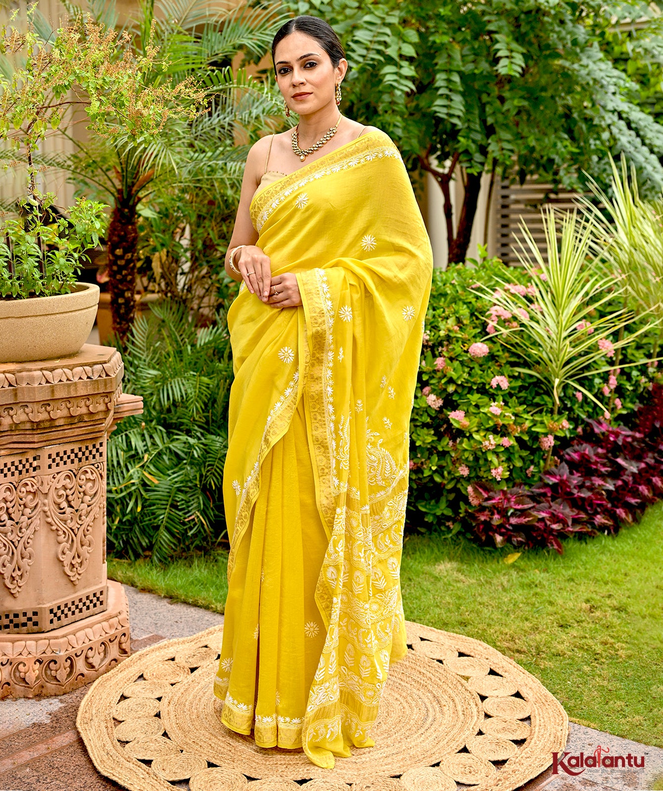 Yellow Mul Chanderi Chikankari Saree with Zari Border