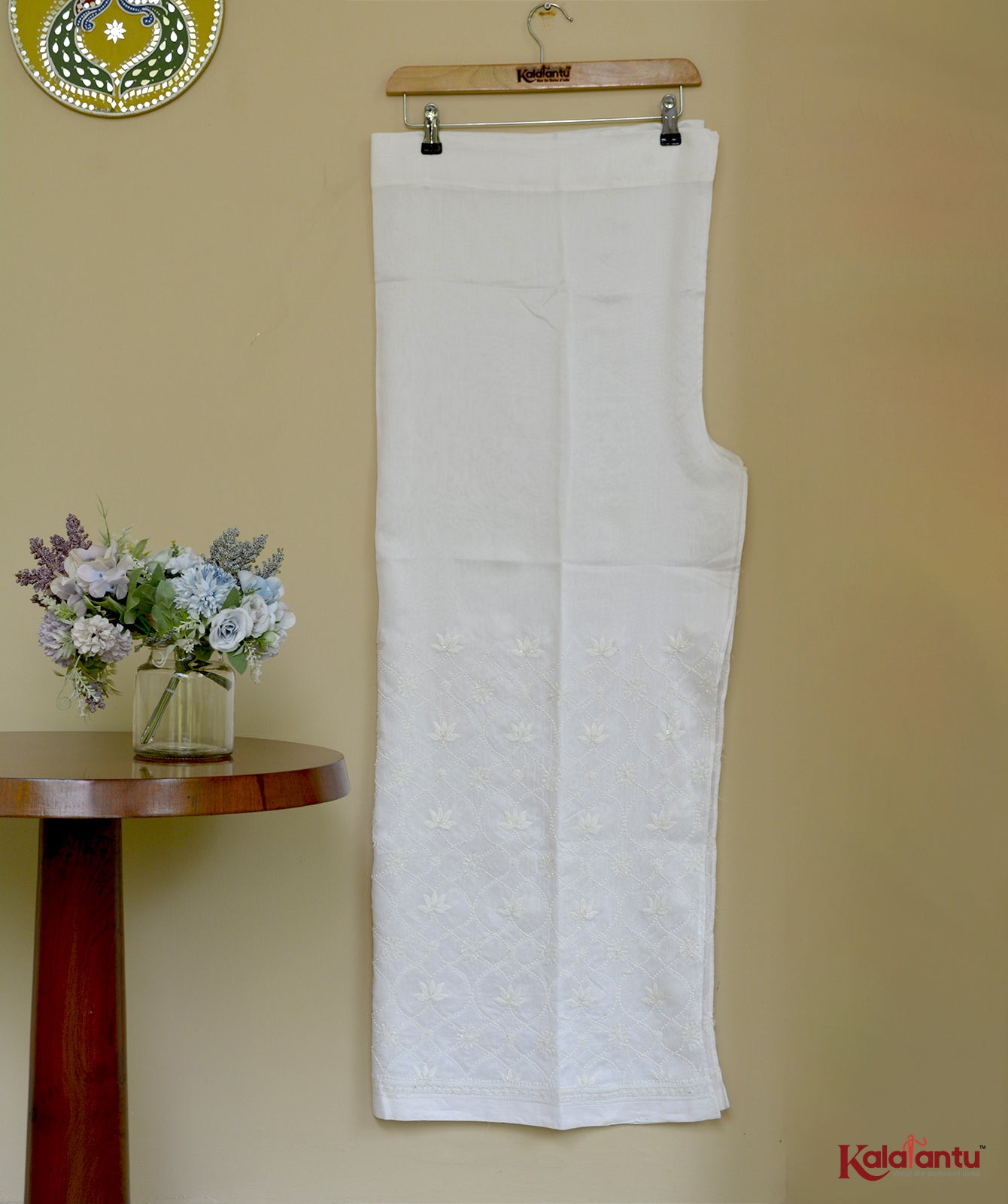 Off White Mul Chanderi Pants featuring a blend of Geometric Patterns and multiple Flowers