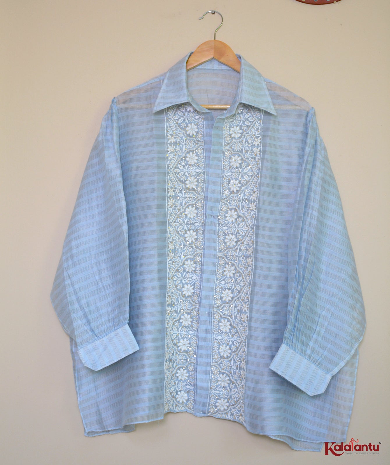 Sky Blue Gold Zari Tissue Chanderi Semi Stitched Shirt