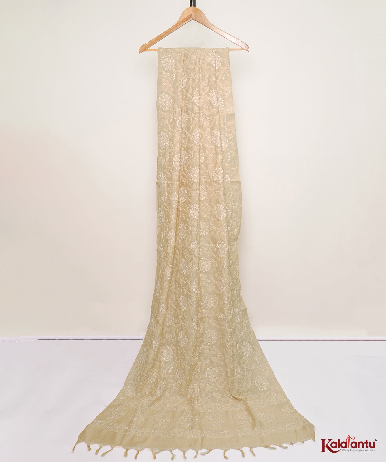 Beige Moonga Silk Chikankari Dupatta with floral jaal all over - 1