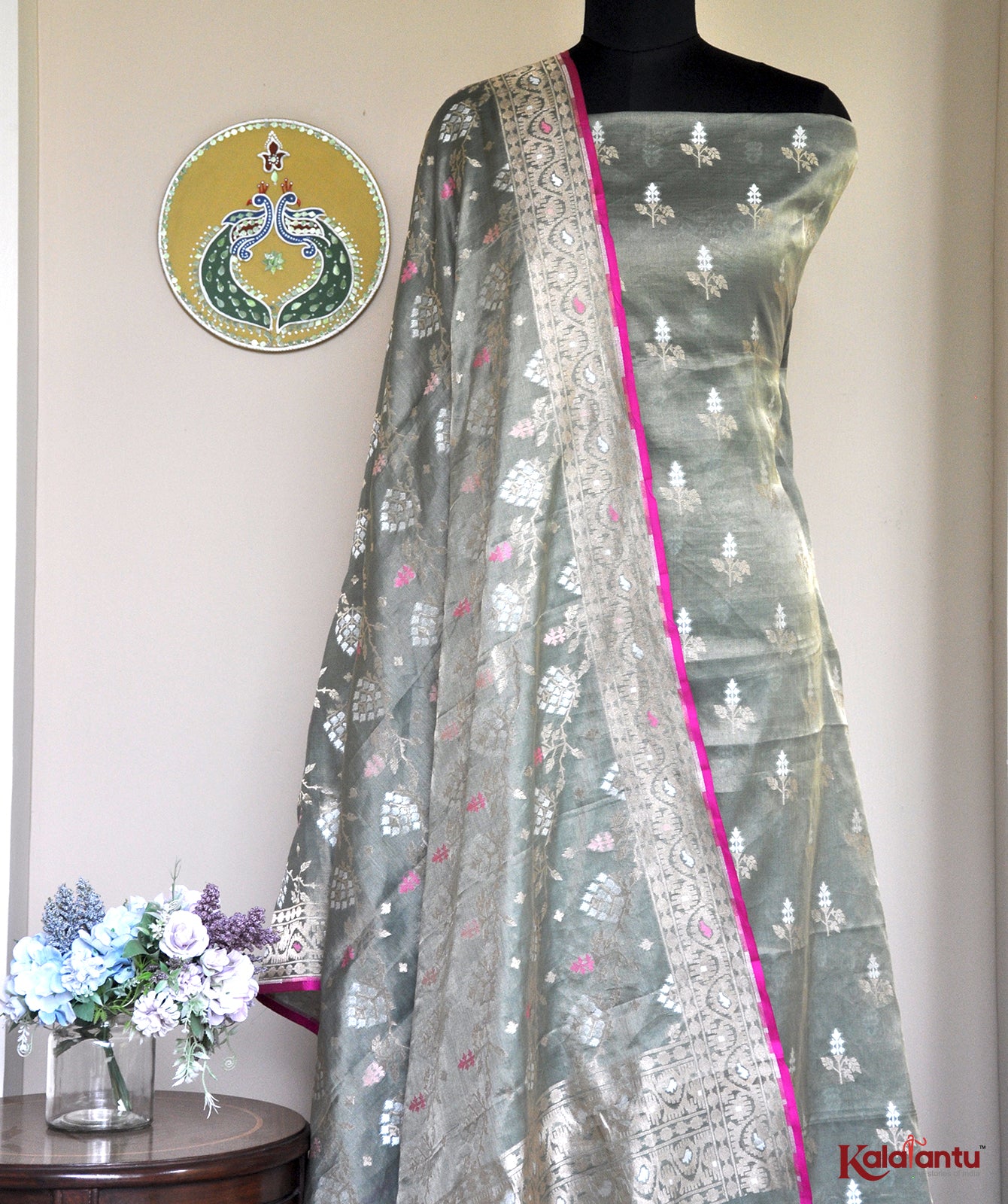 Battle Green Banarasi Katan Tissue Suit Set with Zari Jamdani Work & Intricate Metallic Motifs
