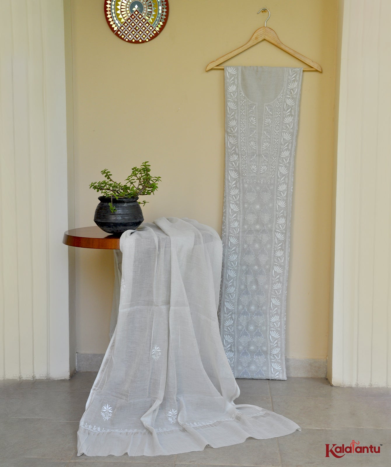 Pure Silver Tissue Chanderi Chikankari Suit