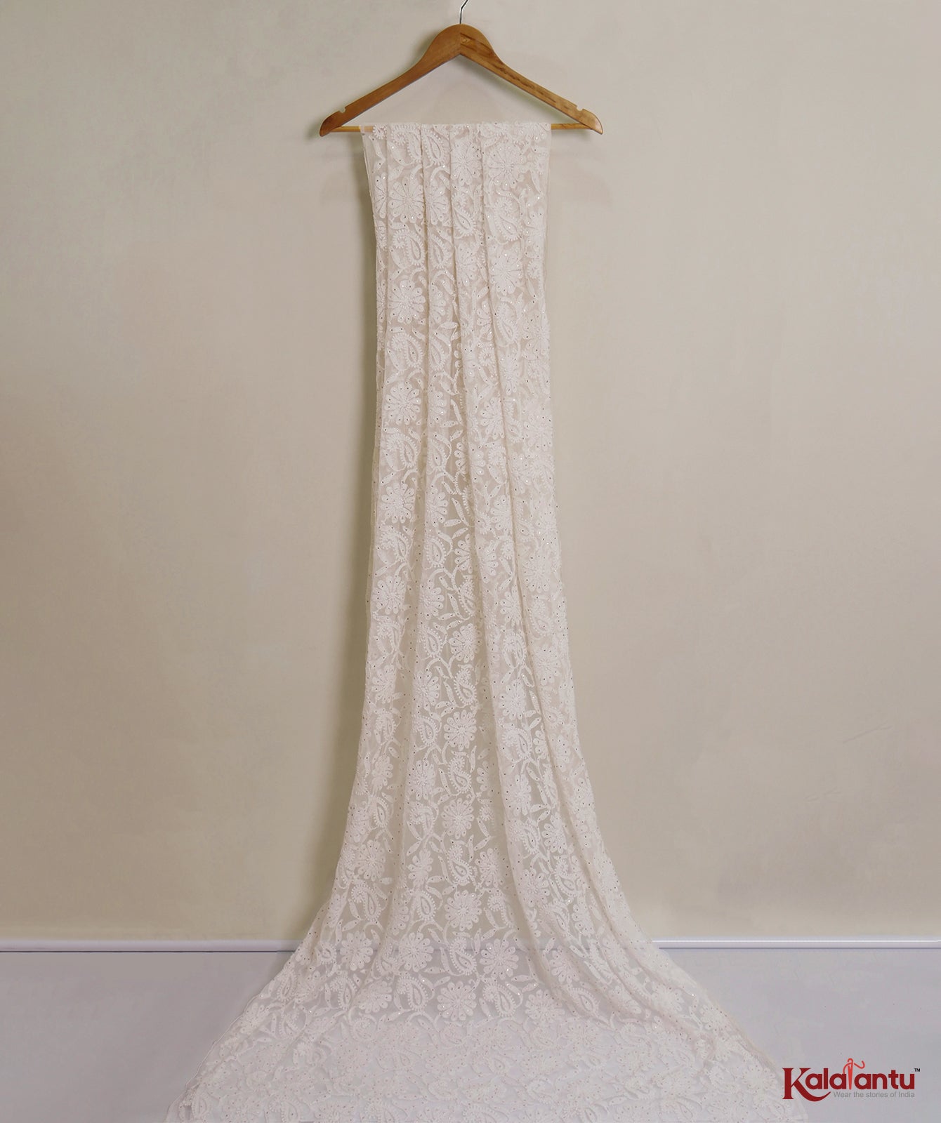 Off White Net Silk Chikankari Dupatta with floral Jaal