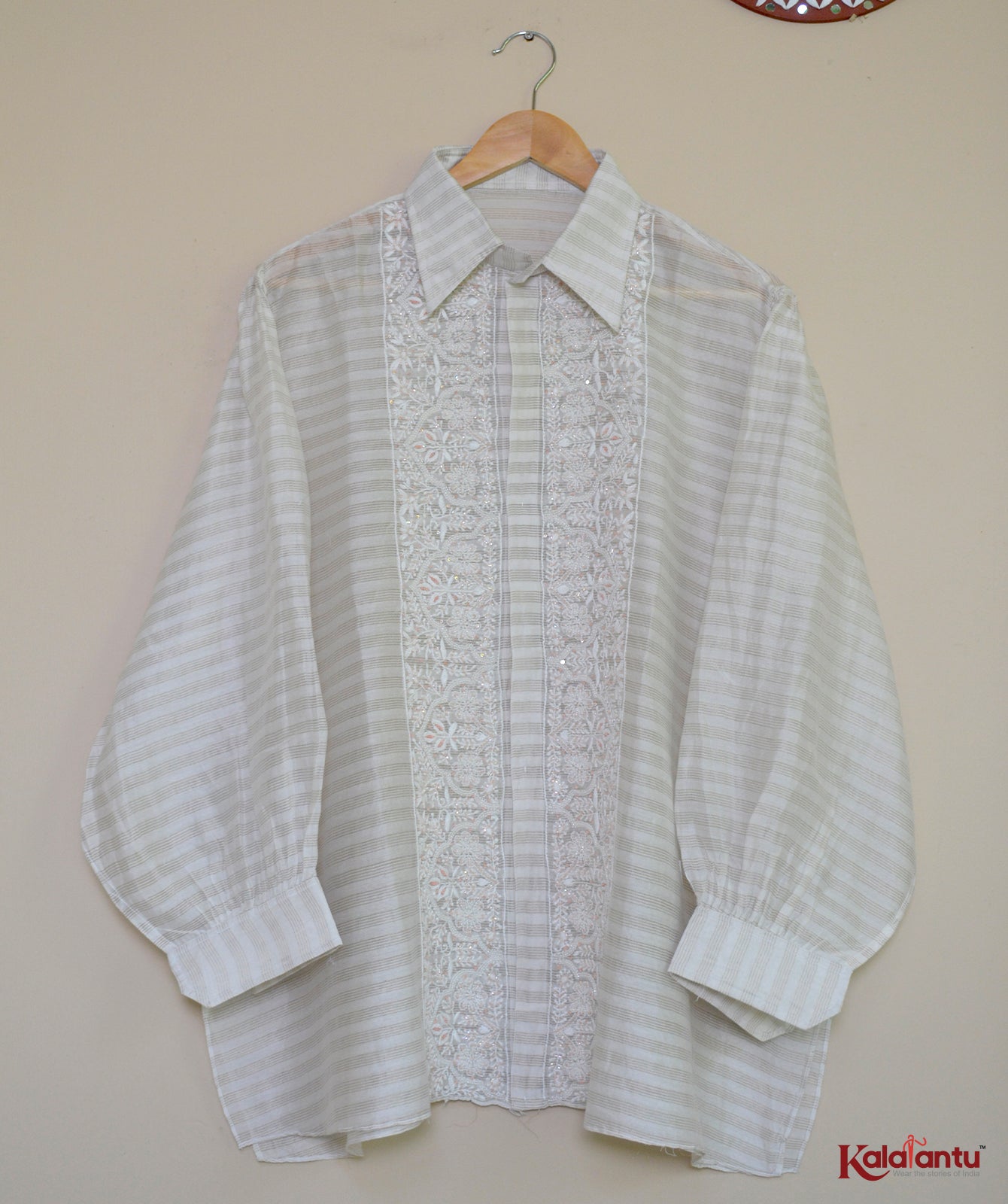 Off White Gold Zari Tissue Chanderi Semi Stitched Shirt