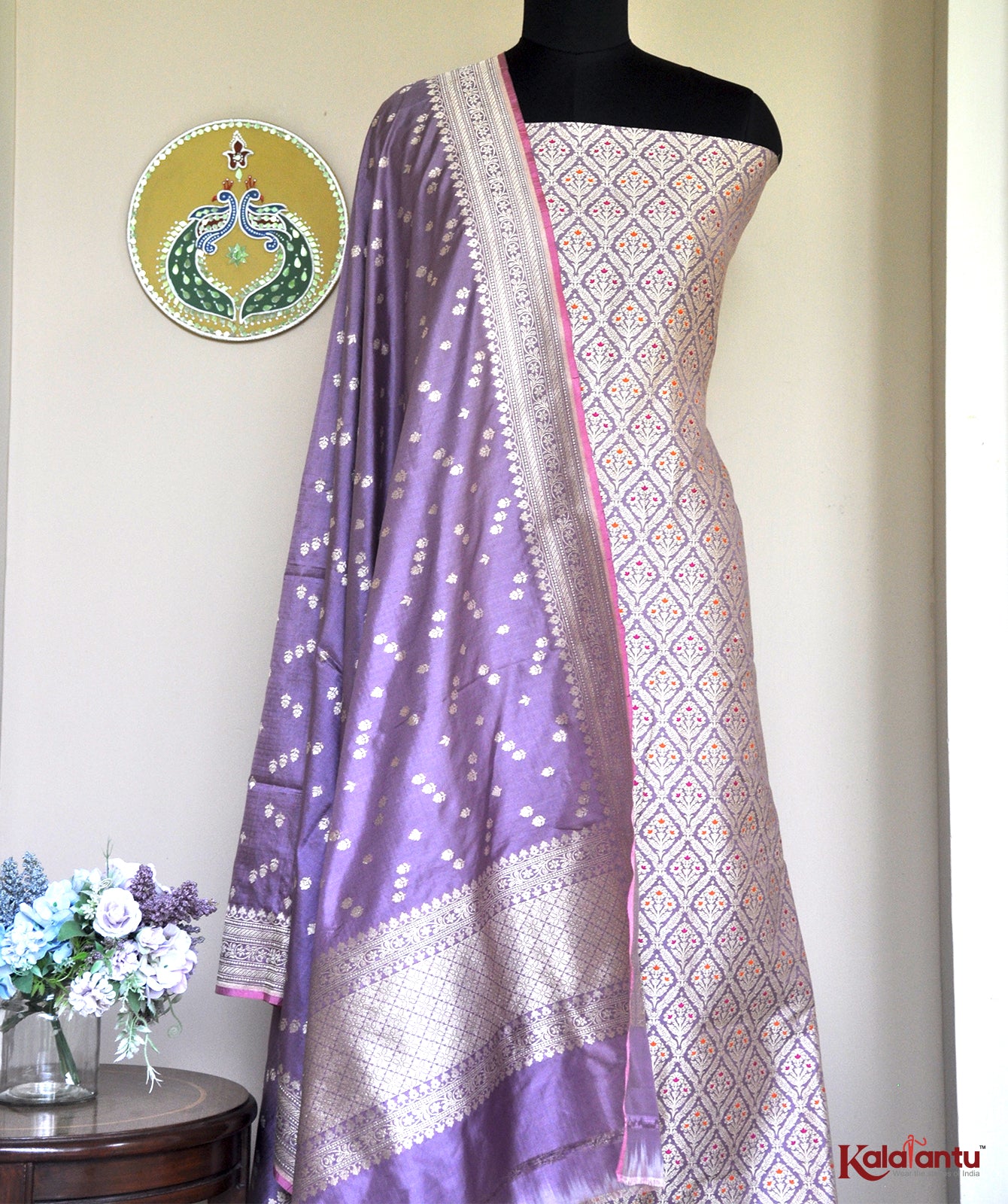 Purple Banarasi Weave Chinya Munga Silk Suit Set with Zari & Resham Motifs