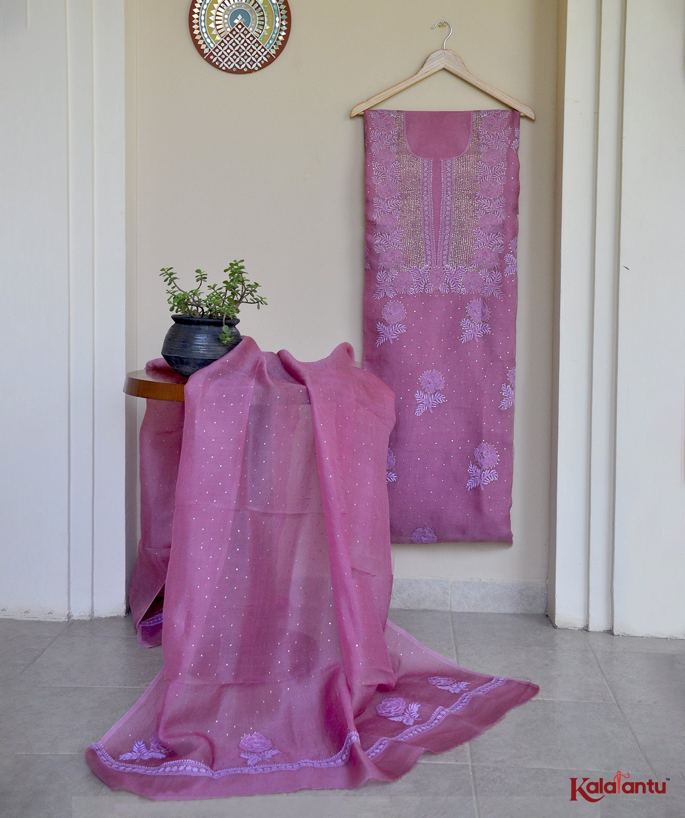 Dark Lavender Pure Organza Chikankari Suit