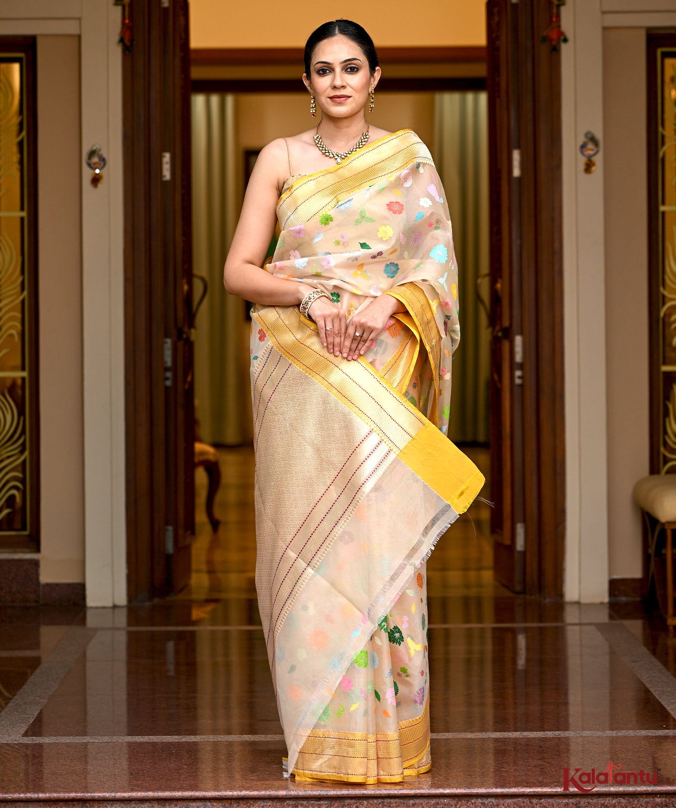 Organza Silk Banarasi Saree with Colorful Floral Motifs & Kadhwa Weave