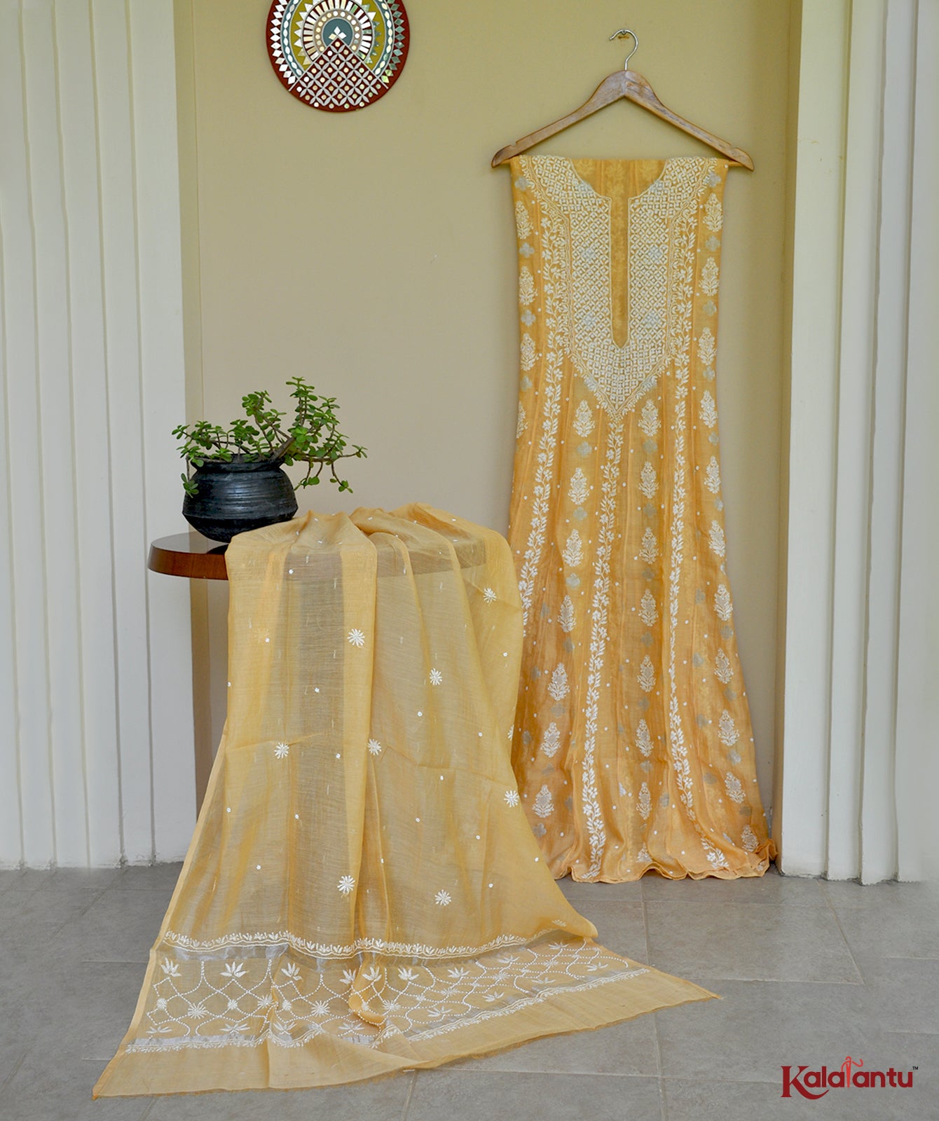 Pastel Mustard soft Chanderi Chikankari Anarkali