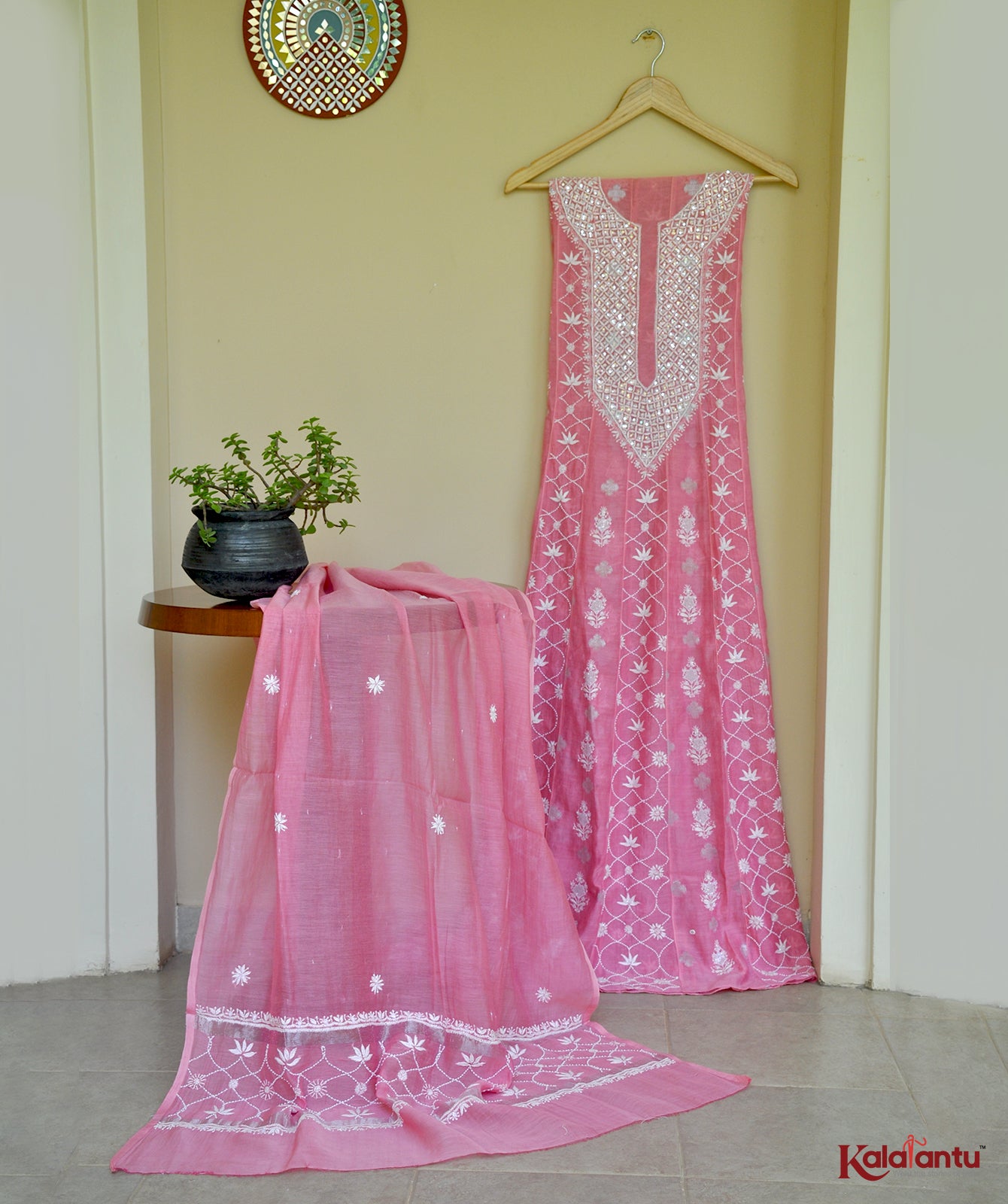Pink soft Chanderi Chikankari Anarkali