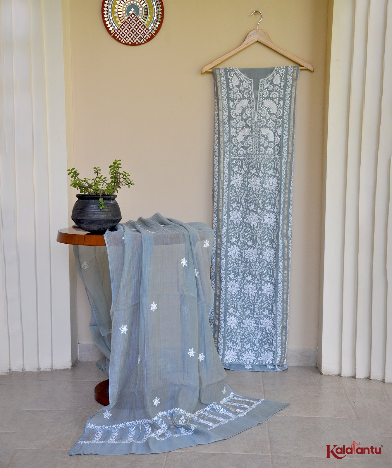 Sea Green Pure Soft  Chanderi Chikankari Suit
