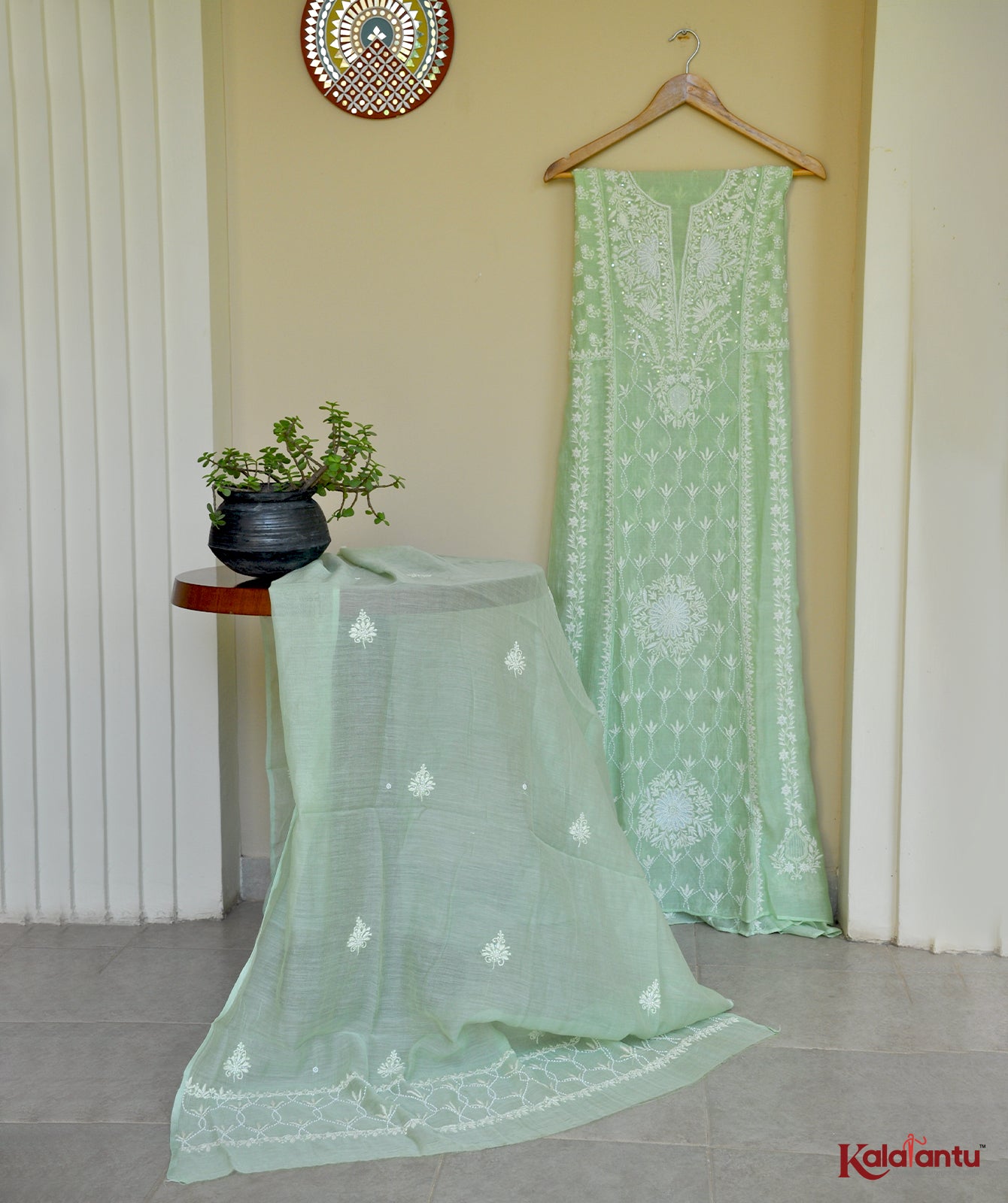 Neon Green soft Chanderi Chikankari Anarkali