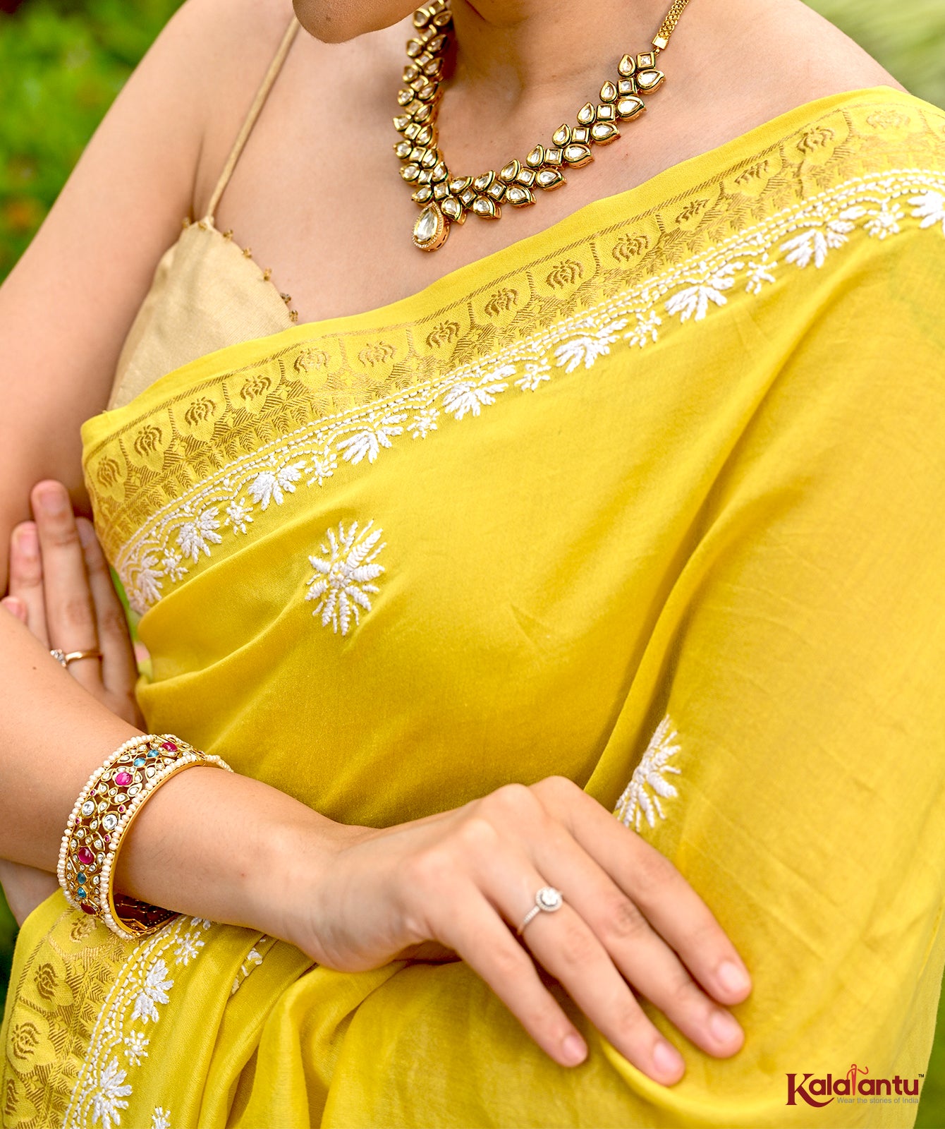 Yellow Mul Chanderi Chikankari Saree with Zari Border
