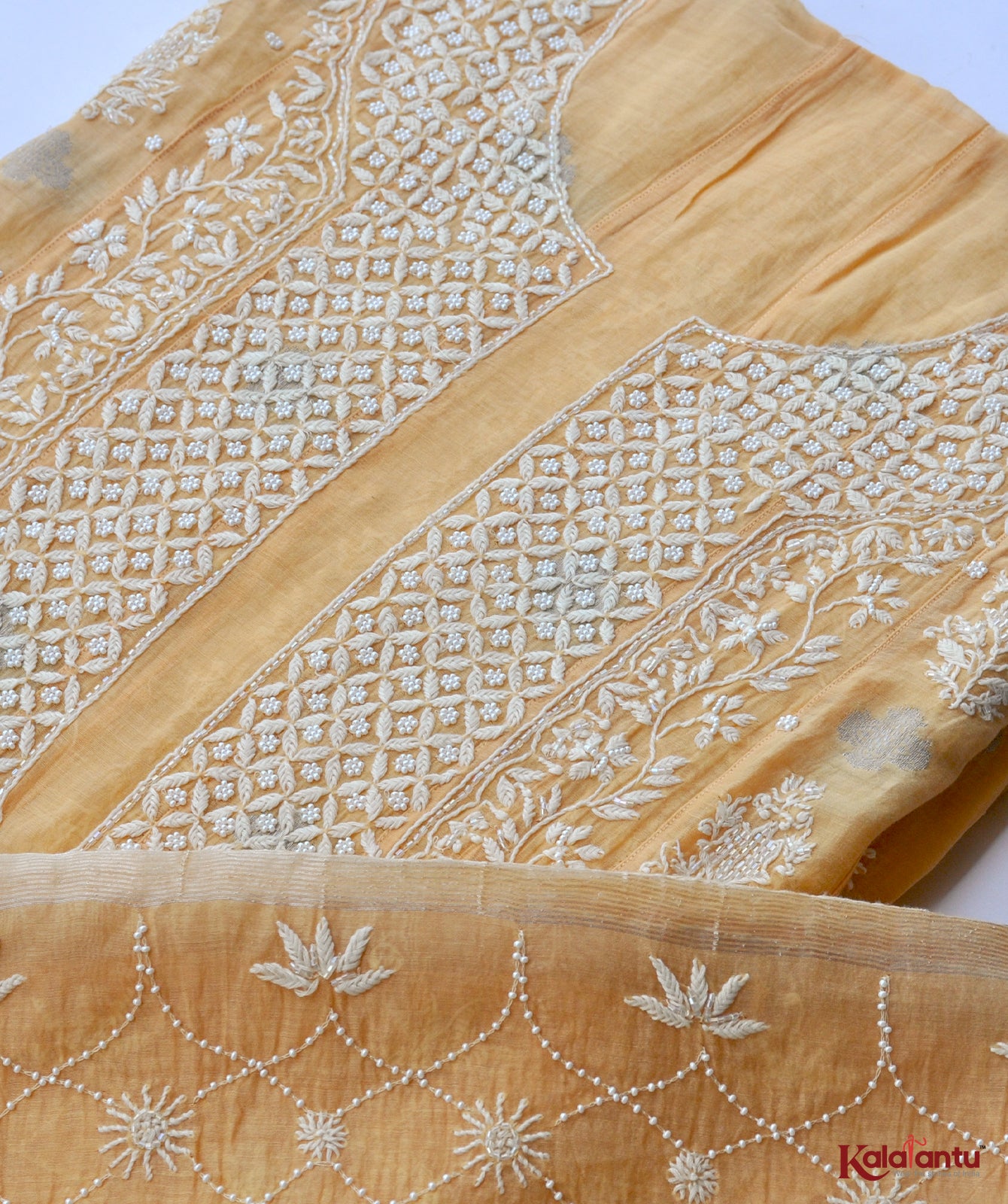 Pastel Mustard soft Chanderi Chikankari Anarkali