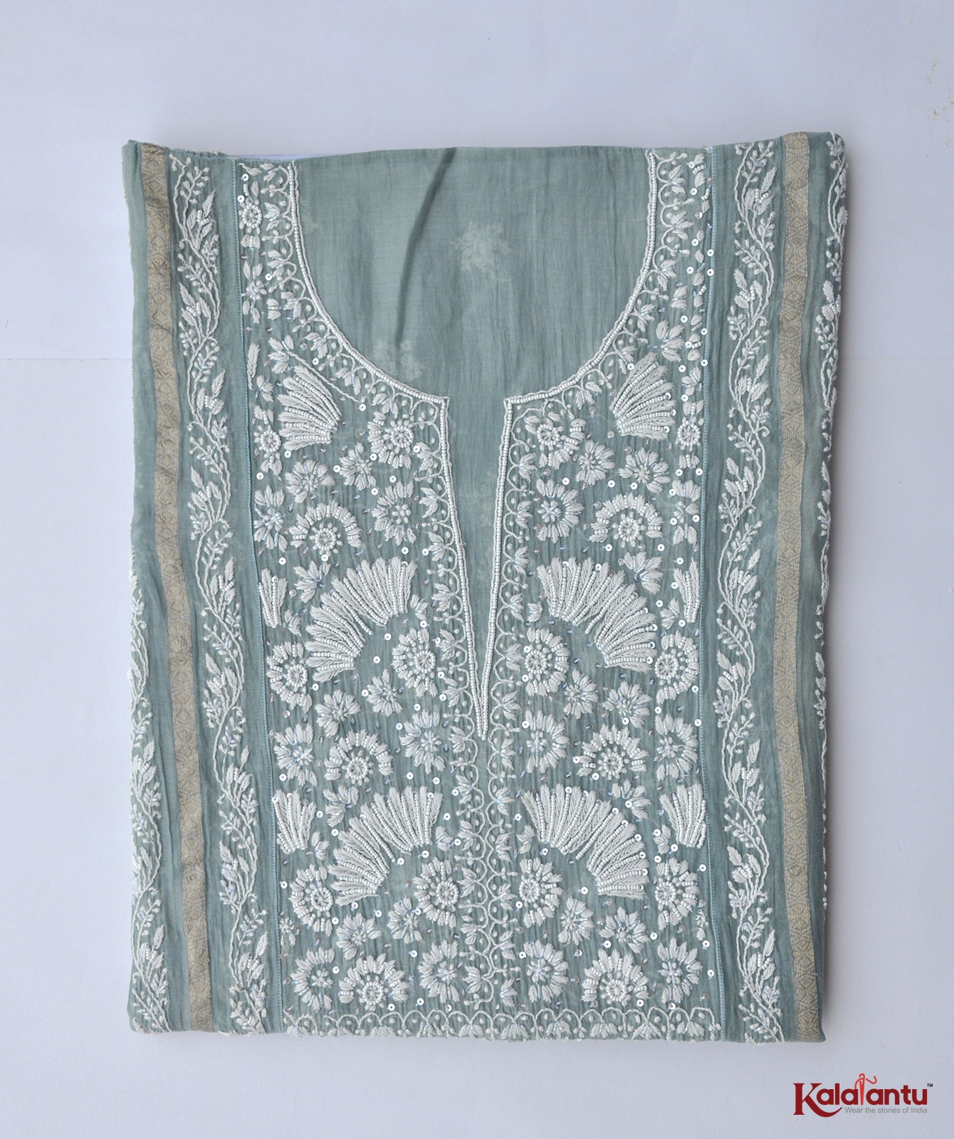 Sea Green Pure Soft  Chanderi Chikankari Suit