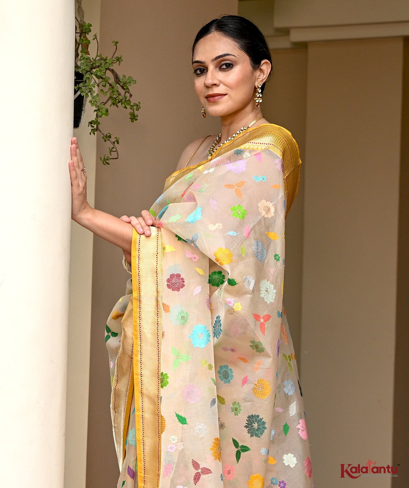 Organza Silk Banarasi Saree with Colorful Floral Motifs & Kadhwa Weave