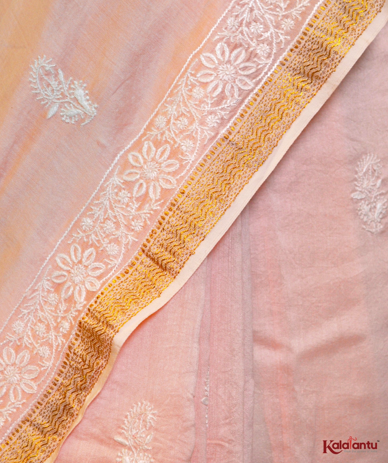 Pastel Pink Mul Chanderi Chikankari Saree with Zari Border