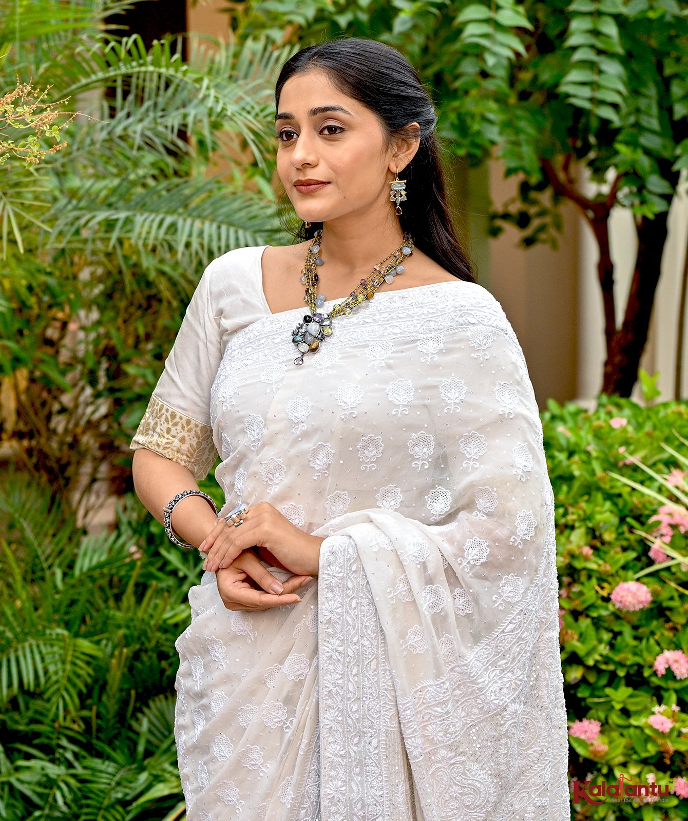 Off White Georgette Chikankari Saree with Zari Border