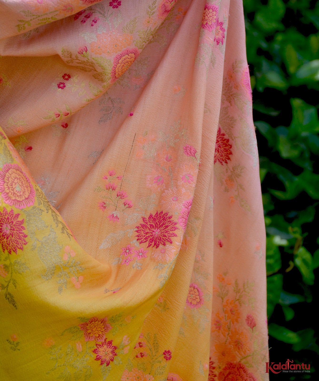 Tussar Georgette Banarasi Saree with Multicolor Resham Floral Work & Ombre Dye
