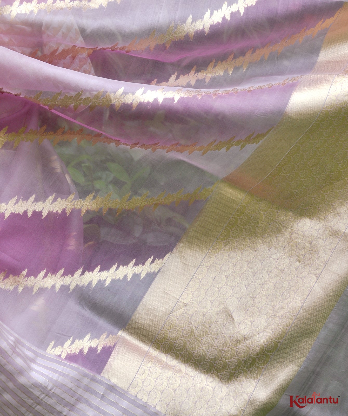 Handwoven Lilac Rangkat Organza Saree with All-Over Floral Border