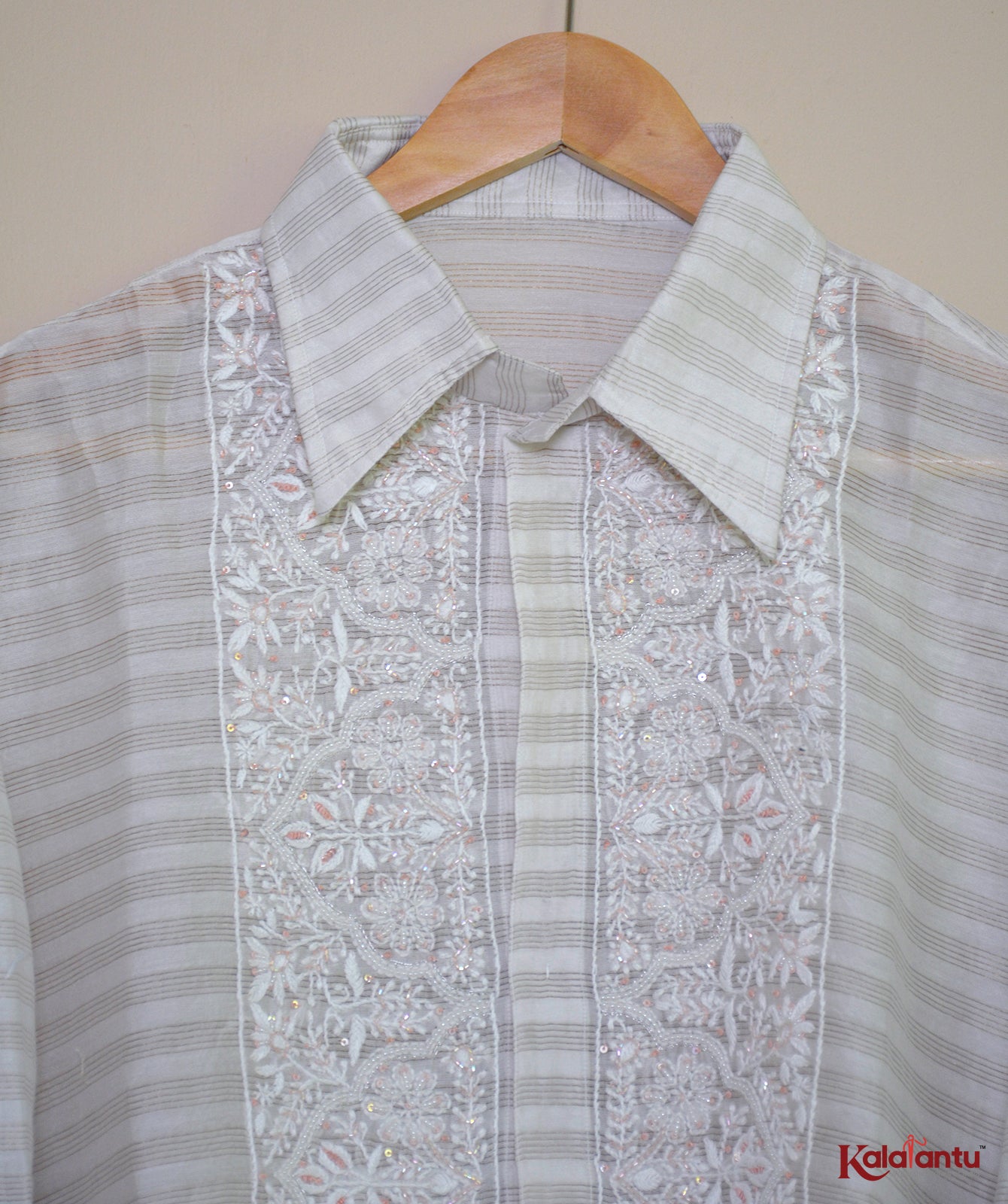 Off White Gold Zari Tissue Chanderi Semi Stitched Shirt