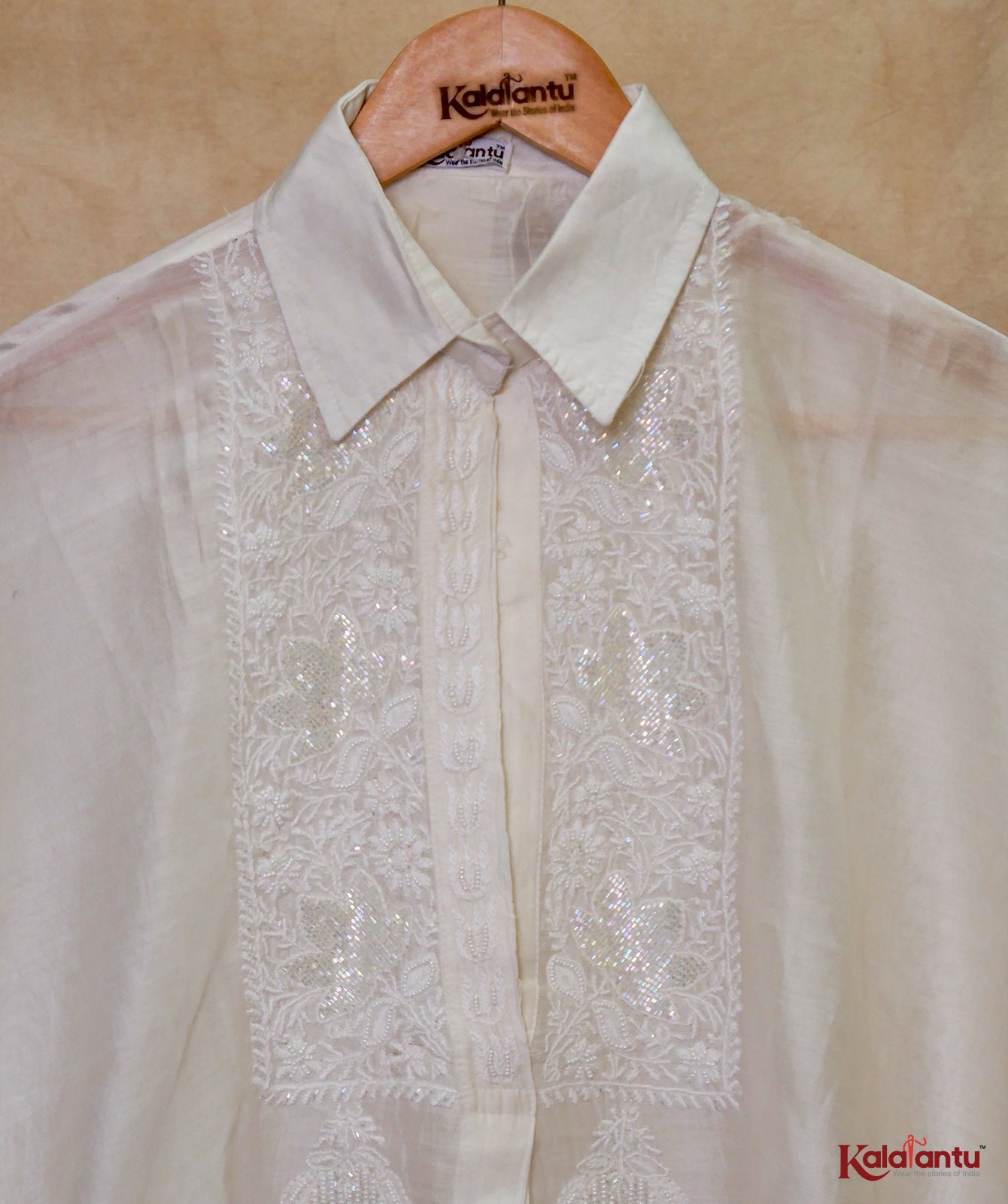 Off White Pure Chanderi Chikankari Shirt