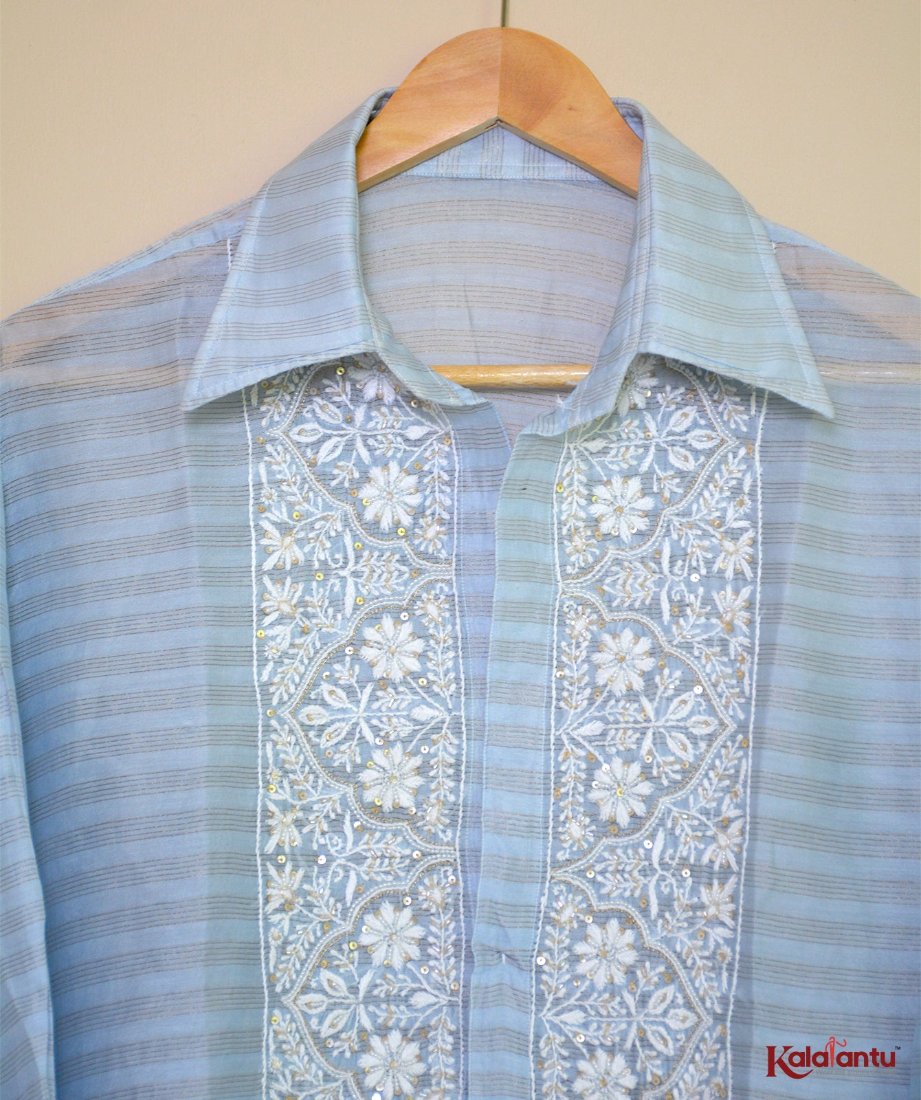 Sky Blue Gold Zari Tissue Chanderi Semi Stitched Shirt