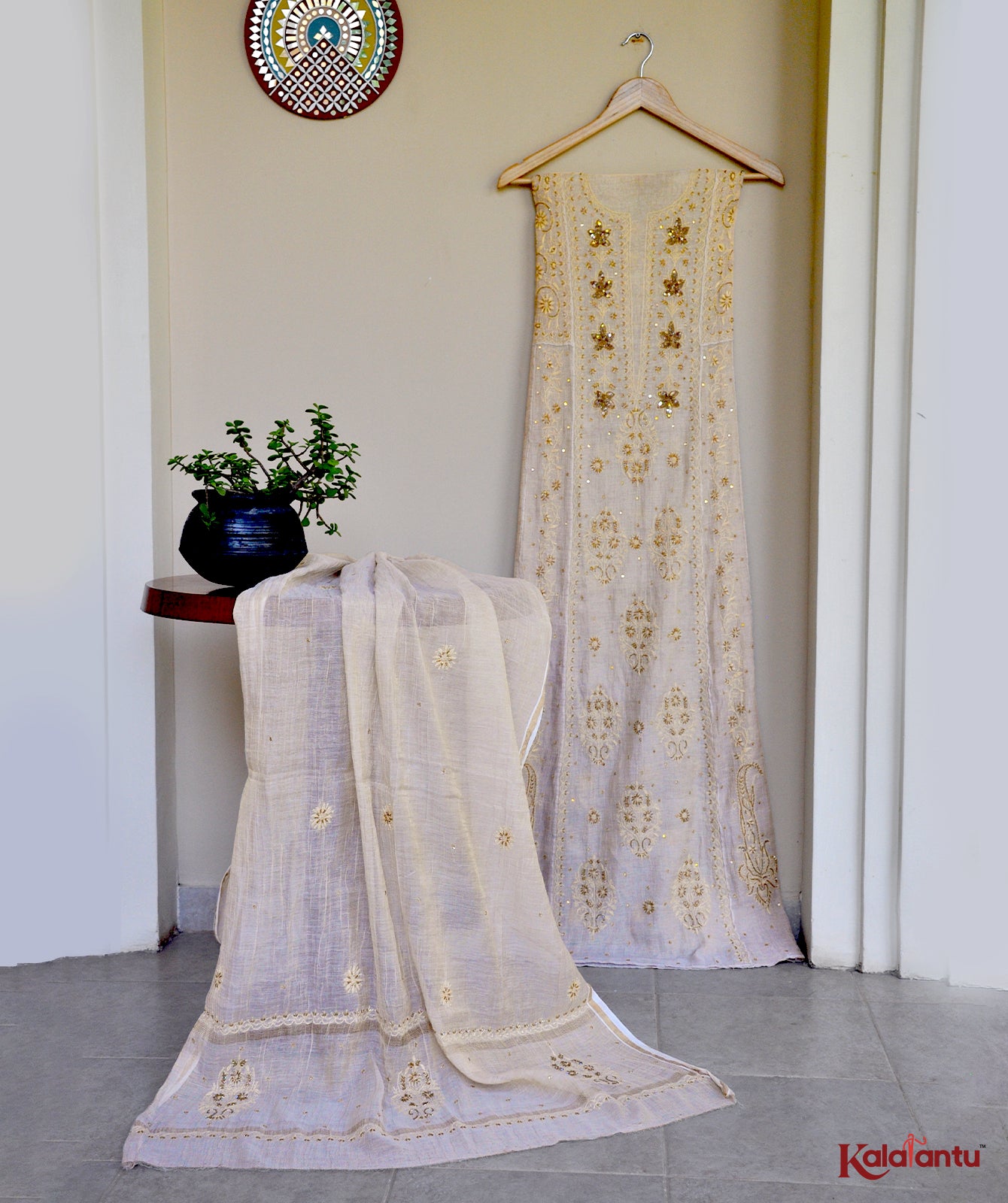 Pure Gold Tissue Chanderi Chikankari Anarkali