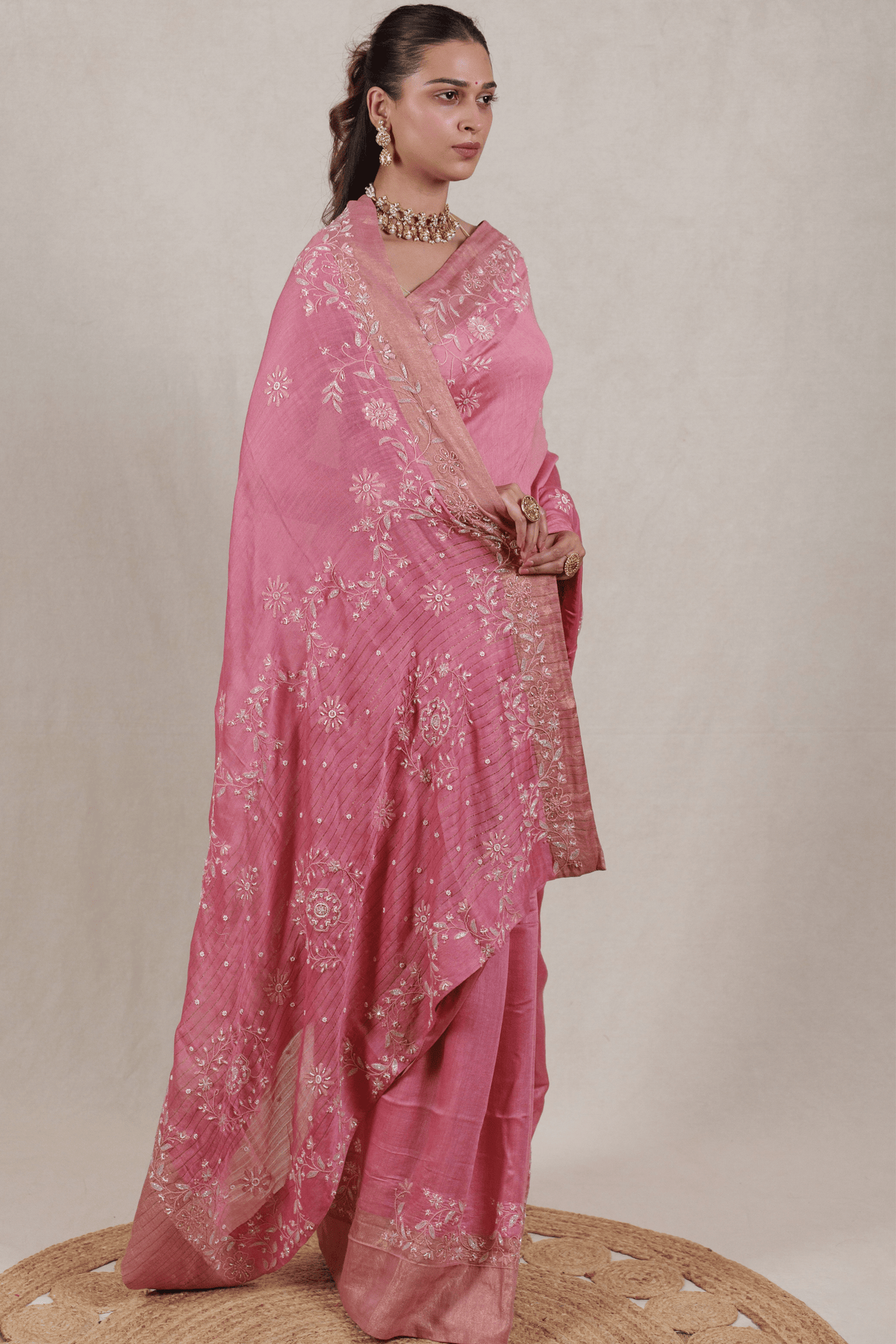 Rose Pink Moonga Chikankari Saree