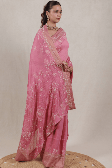 Rose Pink Moonga Chikankari Saree