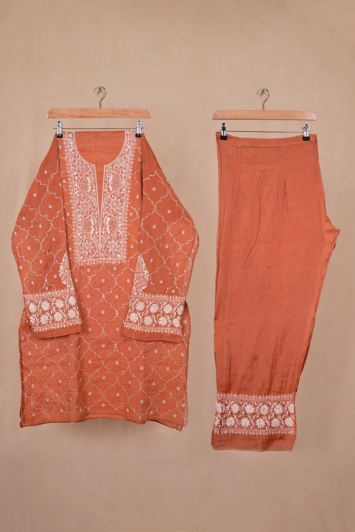 Rust Orange Tissue Chanderi Chikankari Co-ord Set
