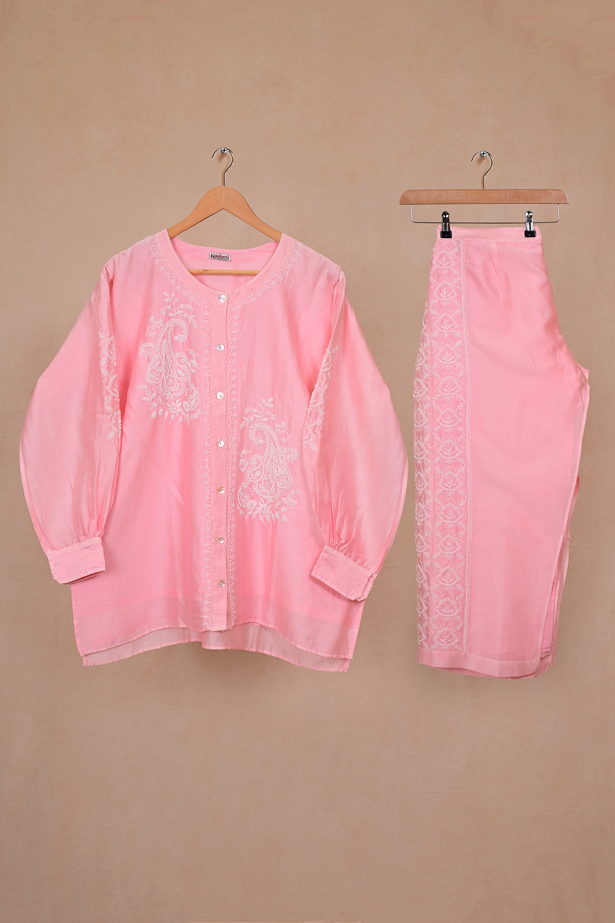 Pink Soft Silk Chikankari Co-ord Set