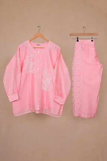 Pink Soft Silk Chikankari Co-ord Set